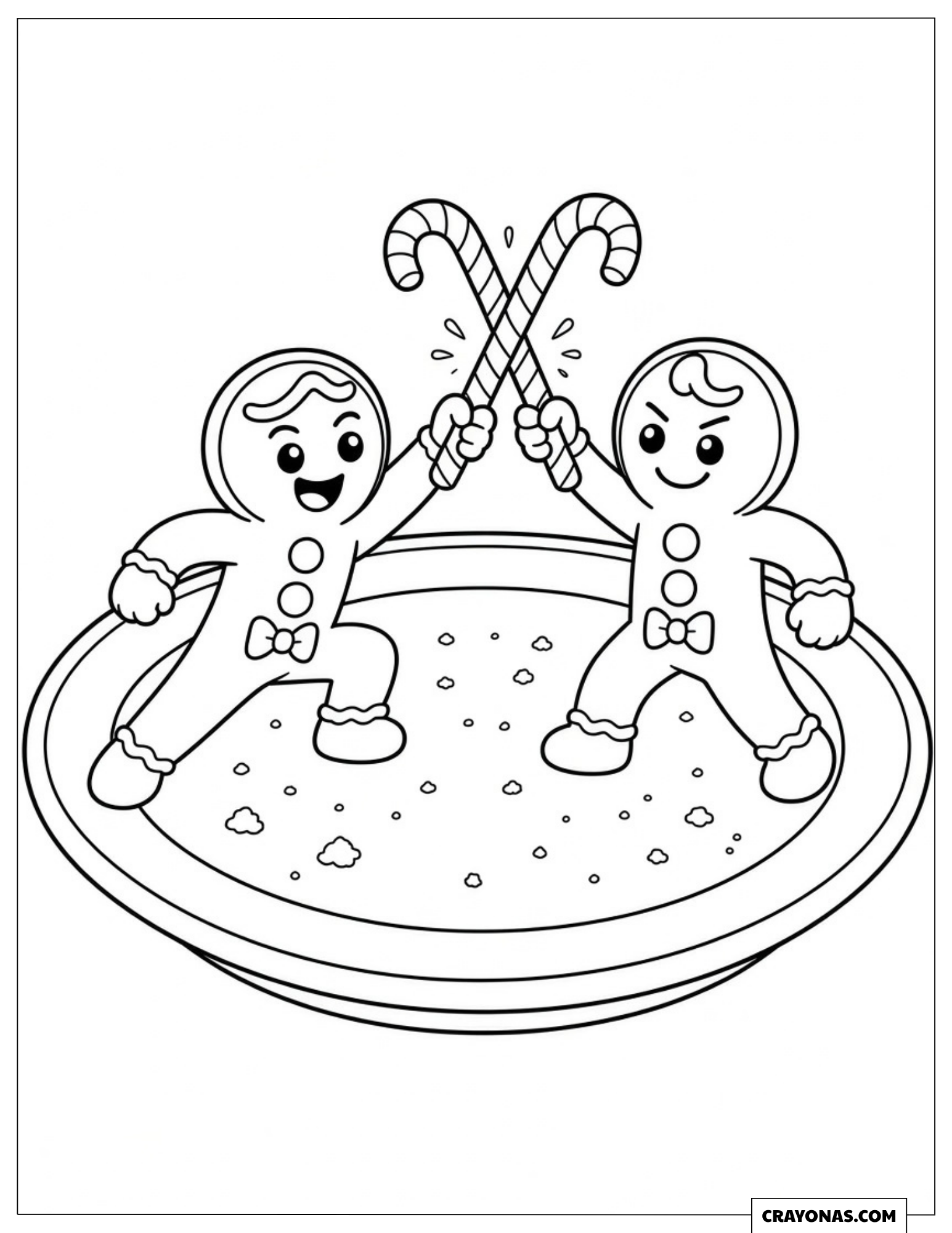 Gingerbread Men Fencing with Candy Canes Christmas Coloring Sheet for Preschoolers