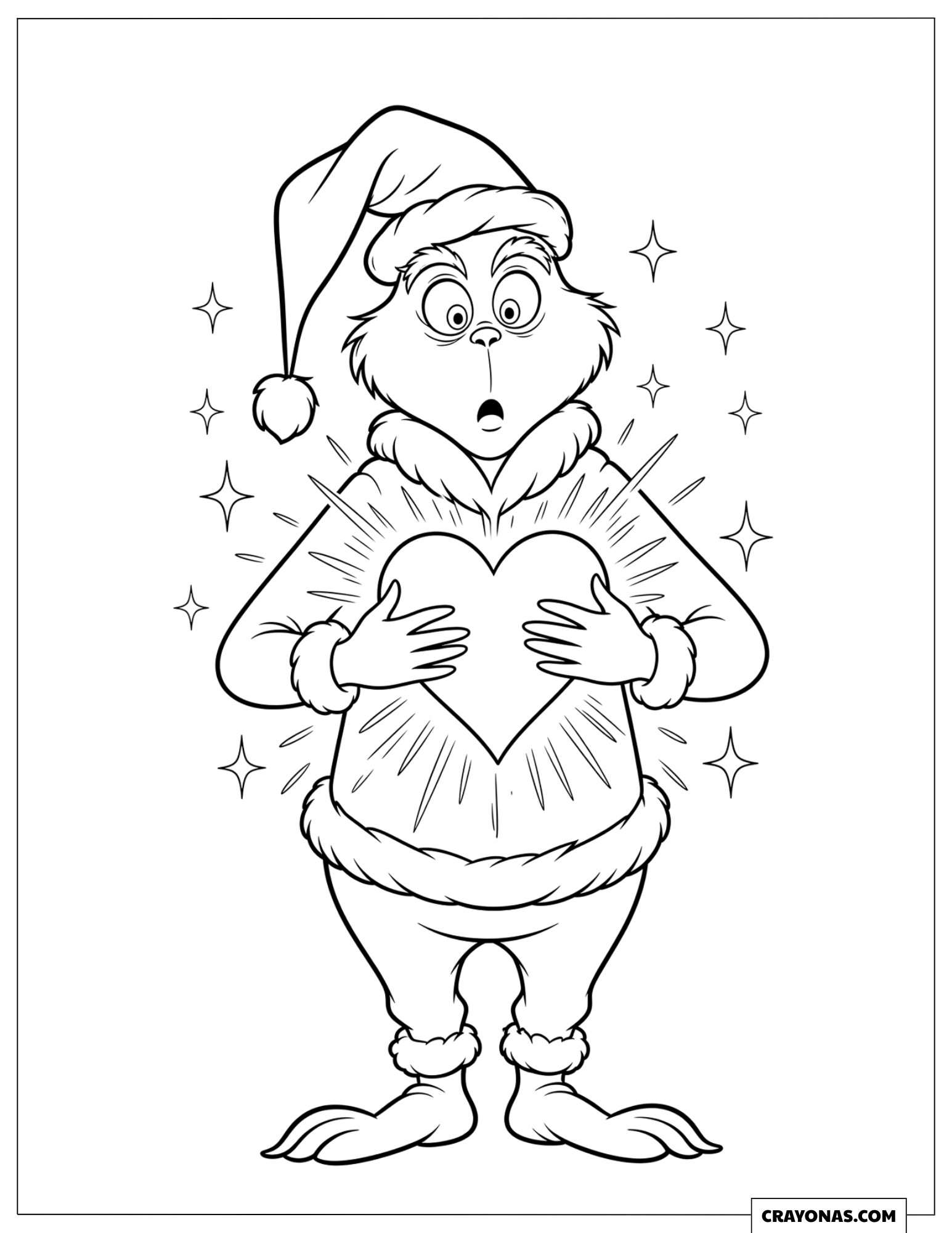 Grinch with a Glowing Heart Christmas Coloring Sheet