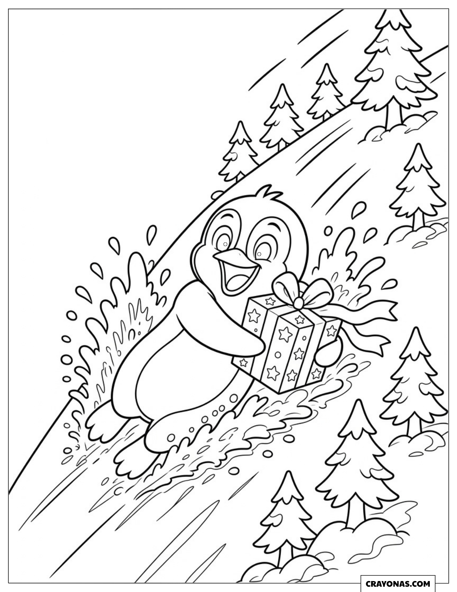 Happy Penguin Sliding on Its Belly Christmas Coloring Sheet