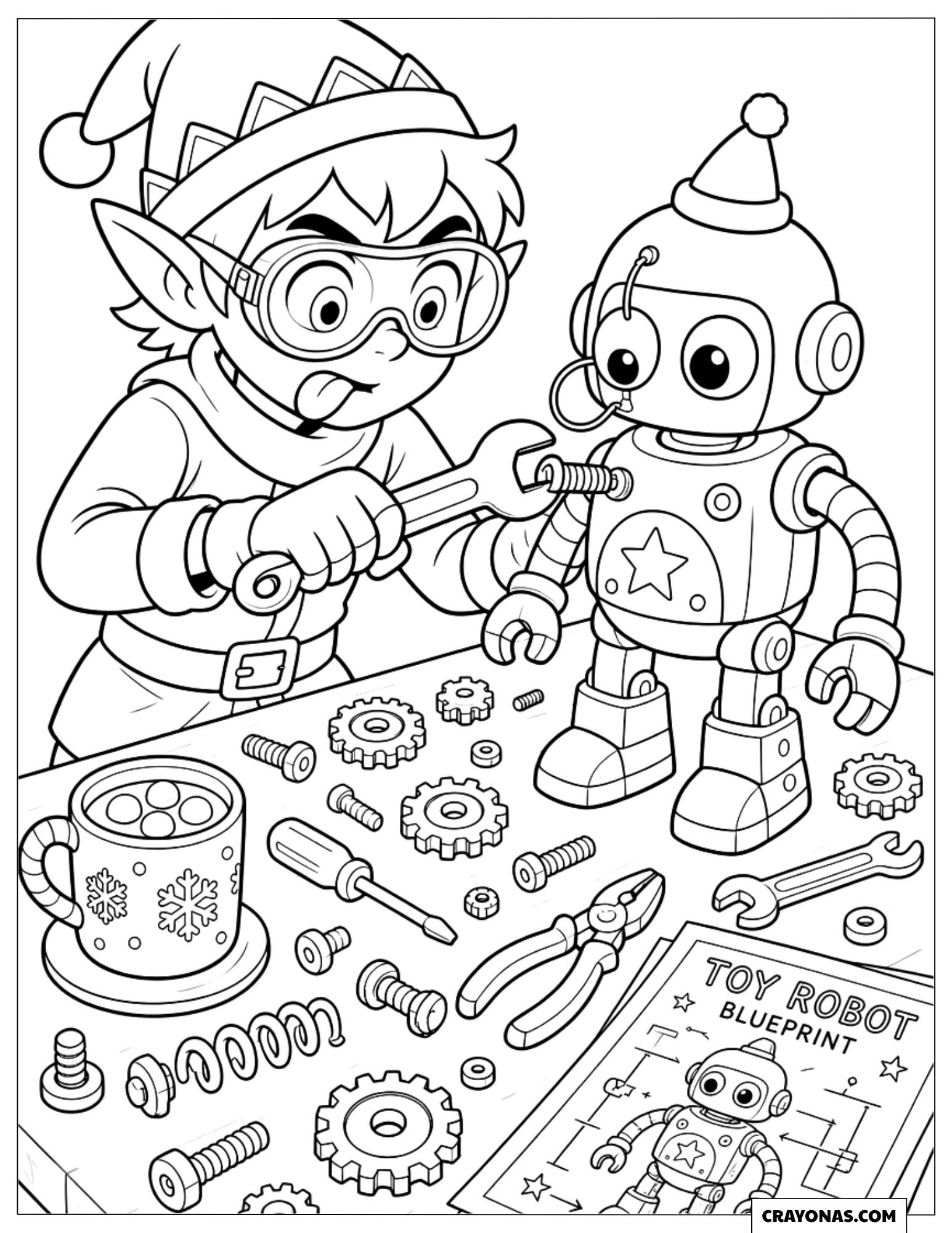 Hardworking Elf Building a Toy Robot Christmas Coloring Sheet