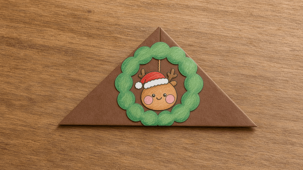 Make a cute corner bookmark from a motif cut out of your colored Christmas wreath picture.