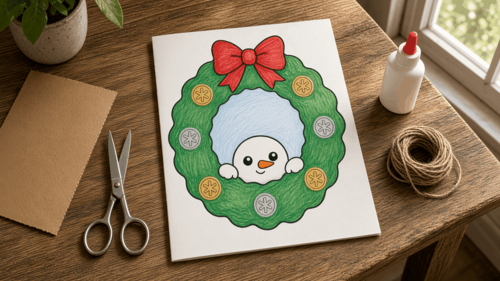 Materials needed to make a hanging Christmas wreath for kids
