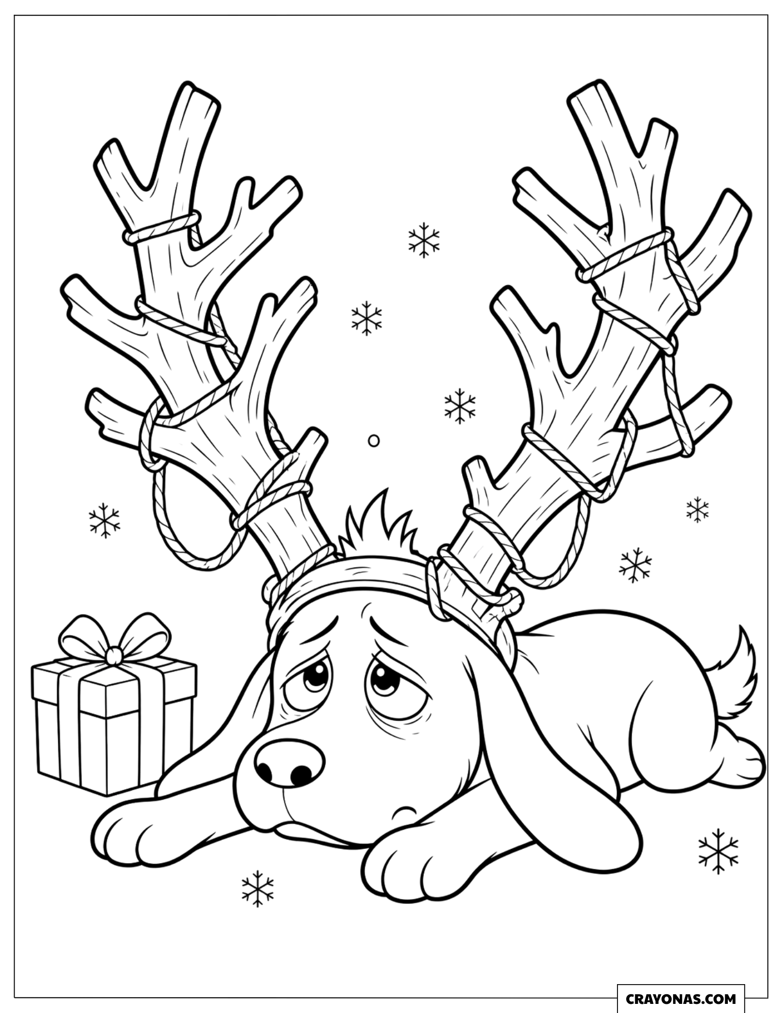 Max the Dog with Reindeer Antlers Christmas Coloring Sheet for Preschoolers