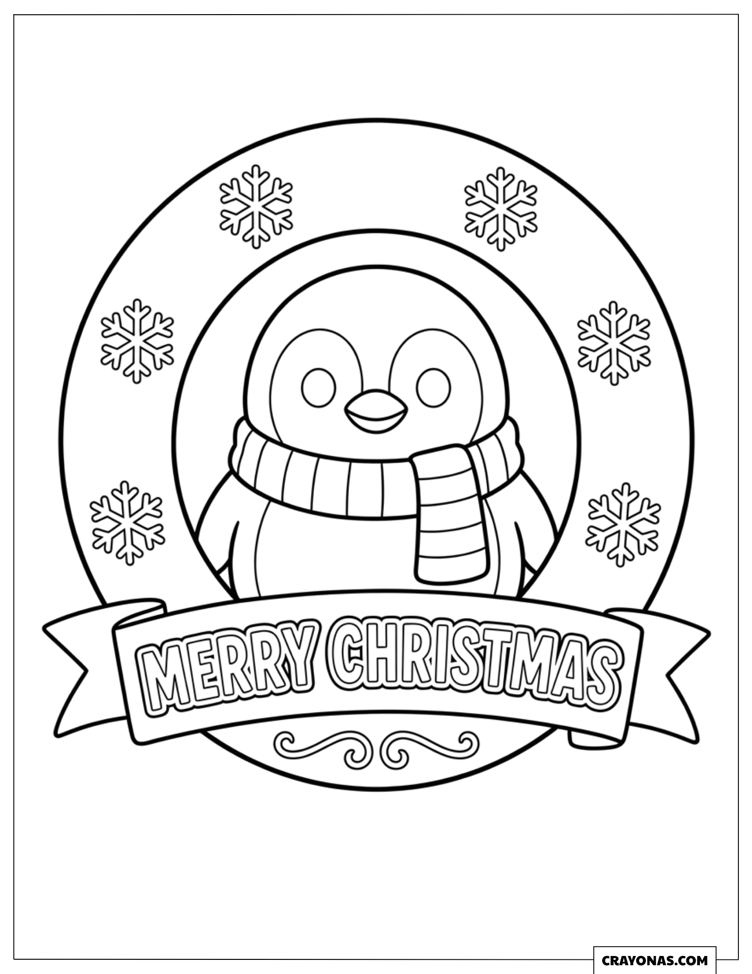 Merry Christmas Wreath Framing a Penguin Holding a Banner Coloring Page