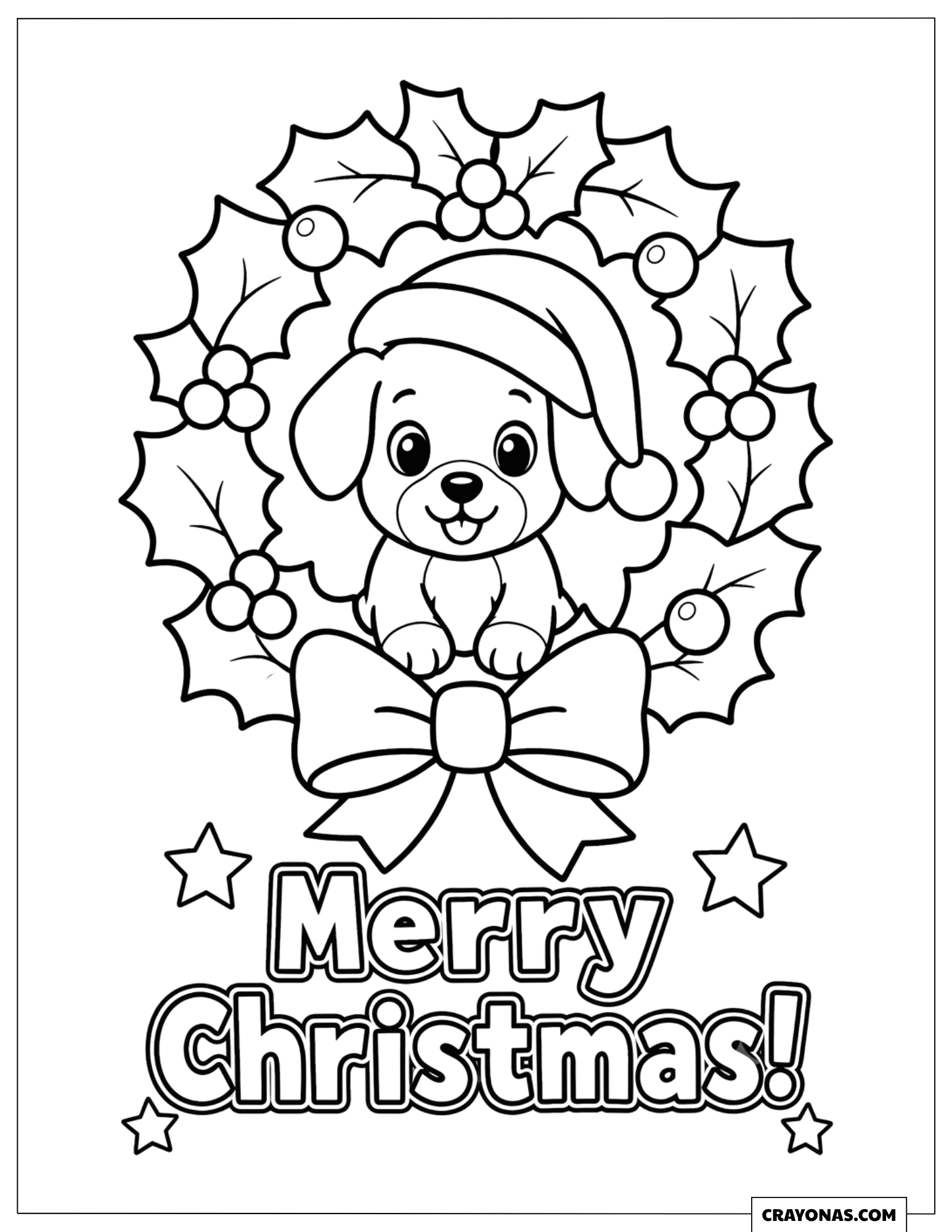Merry Christmas Wreath Framing a Puppy in a Santa Hat to Color