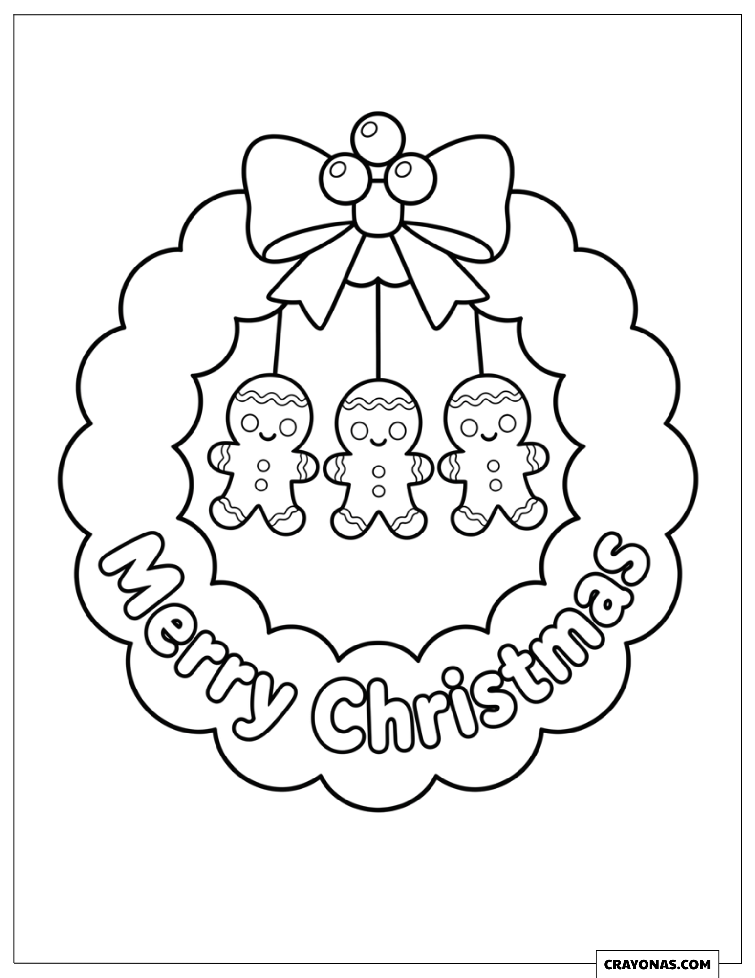 Merry Christmas Wreath Hanging Gingerbread Men Coloring Page for Kids