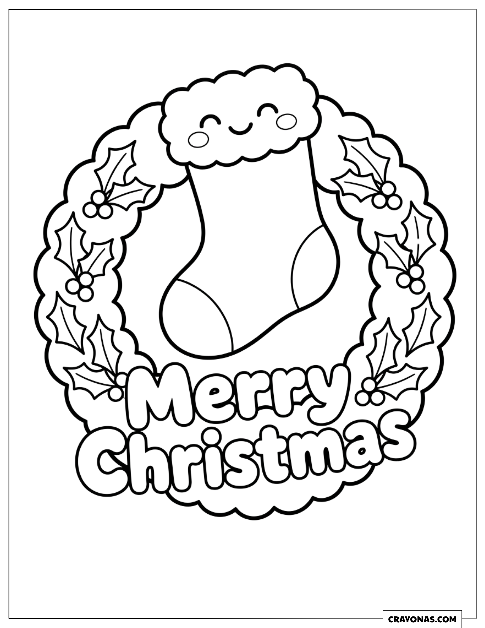 Merry Christmas Wreath Holding a Hanging Stocking Coloring Sheet for Kids