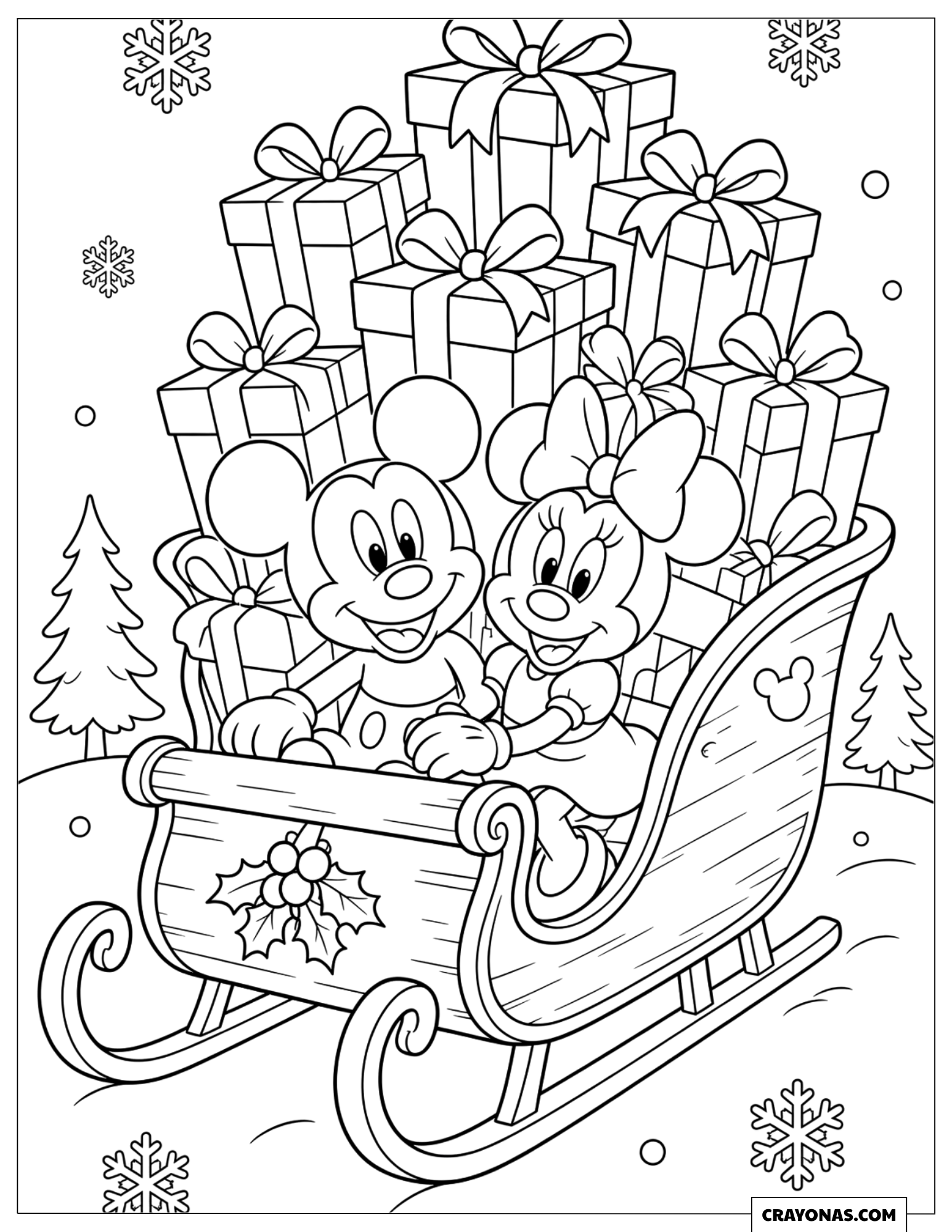 Mickey and Minnie on a Sleigh Ride Christmas Coloring Sheet for Preschoolers