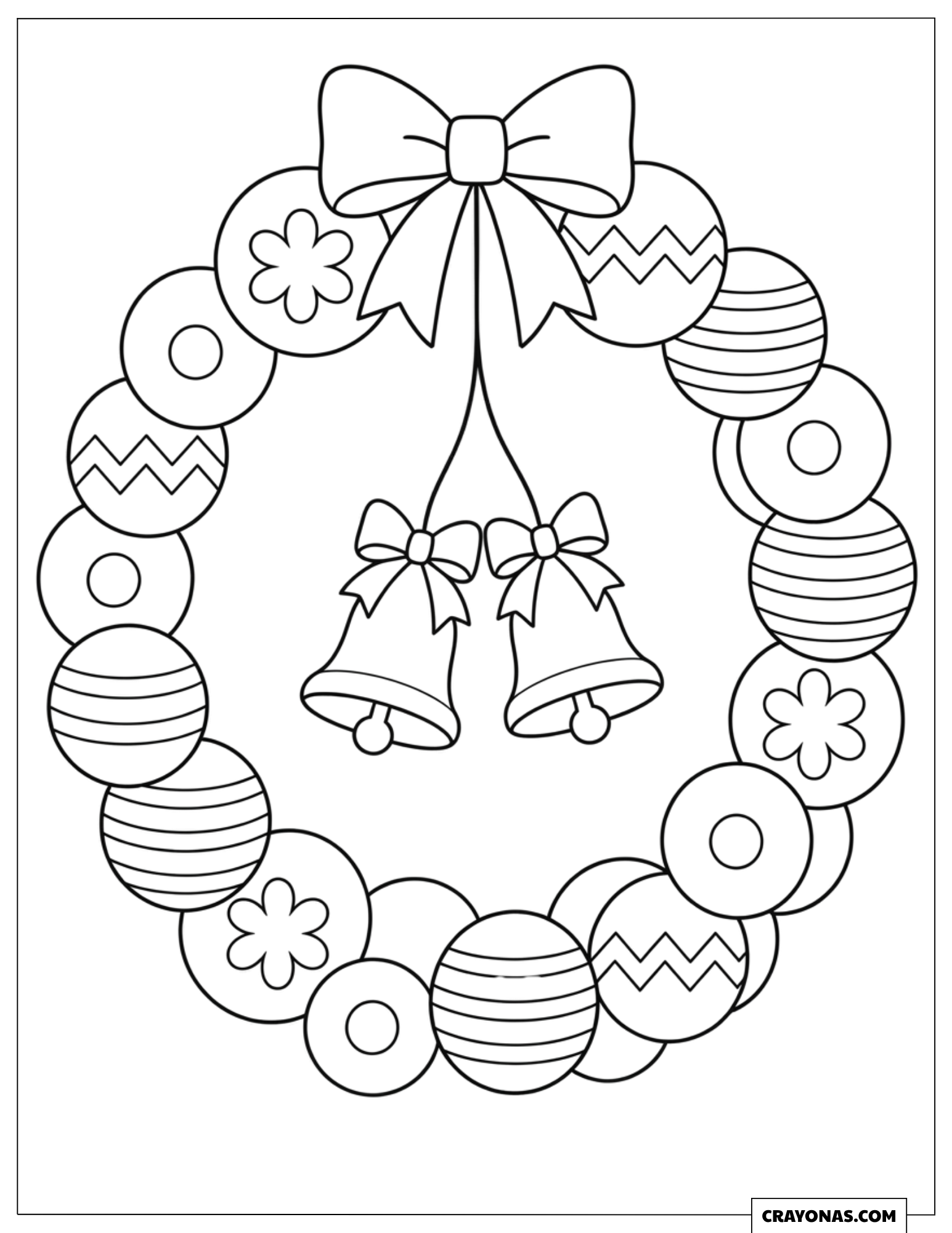 Ornament Christmas Wreath Filled With Patterned Baubles and Bells Coloring Page