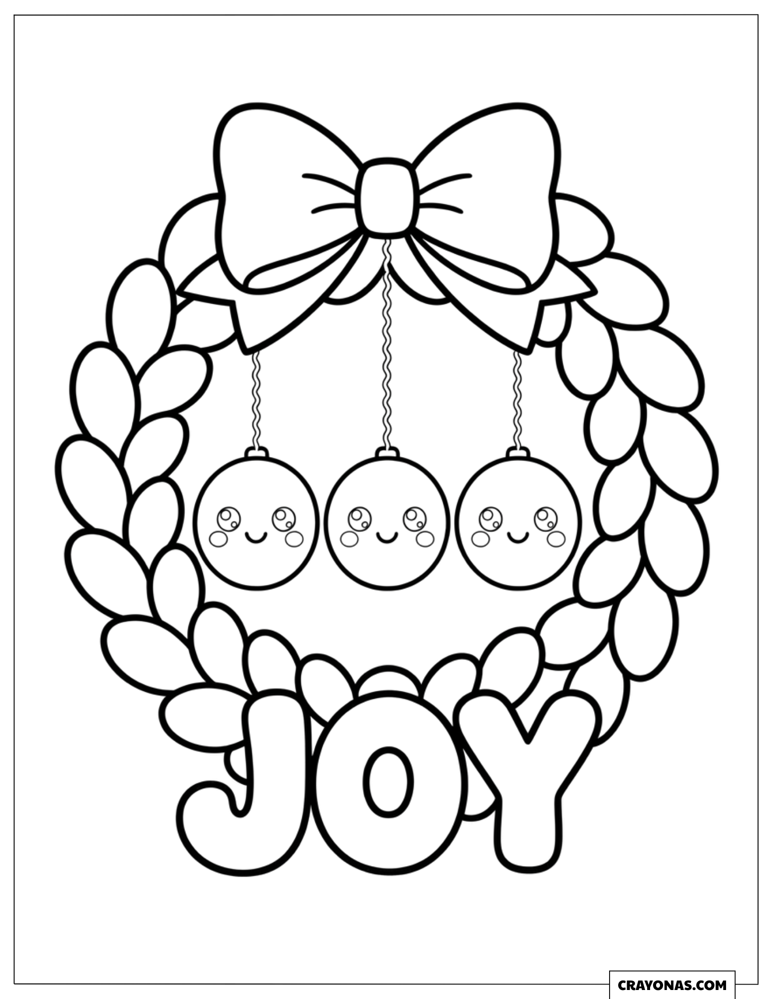 Ornament Christmas Wreath Hanging Smiling Baubles Spelling JOY Coloring Sheet
