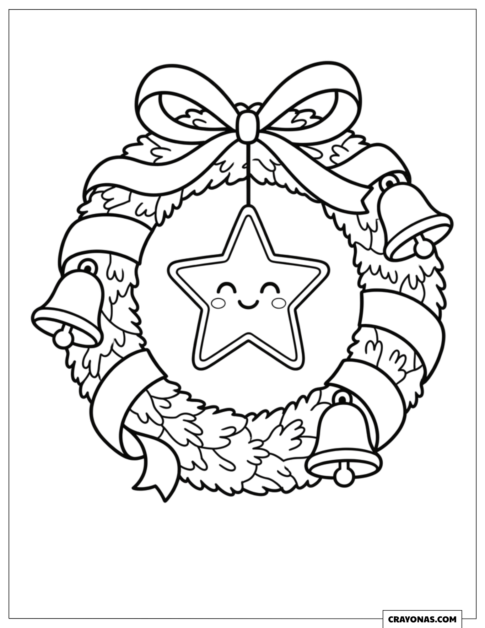 Ornament Christmas Wreath Holding a Smiling Star Cookie With Bells to Color