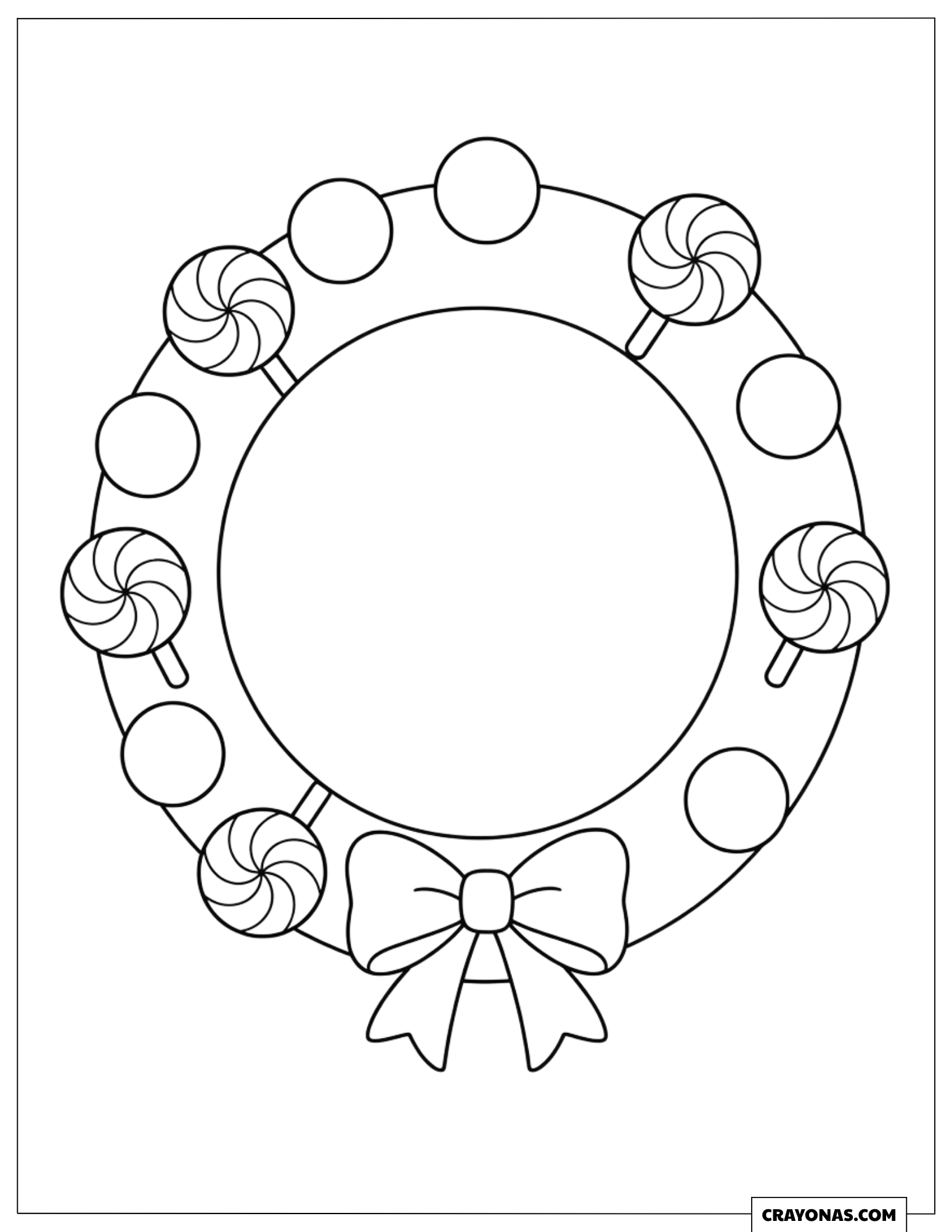 Ornament Christmas Wreath Made of Lollipops and Candies Coloring Page for Preschooler