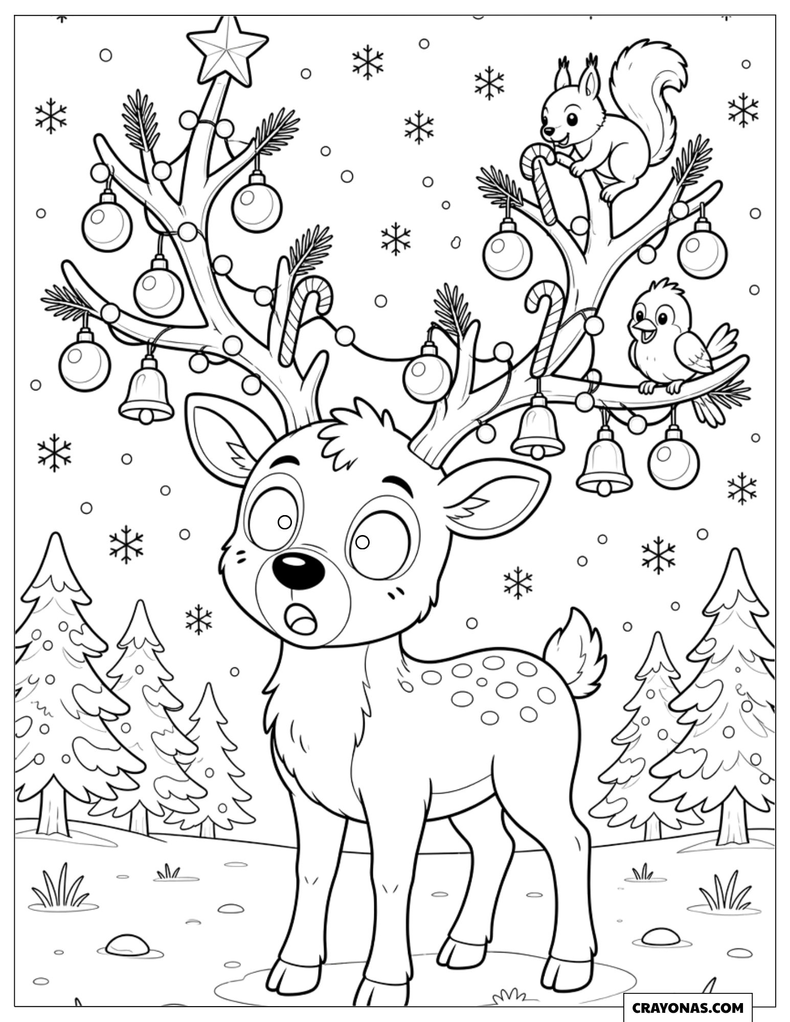 Reindeer with Ornament Antlers Christmas Coloring Page