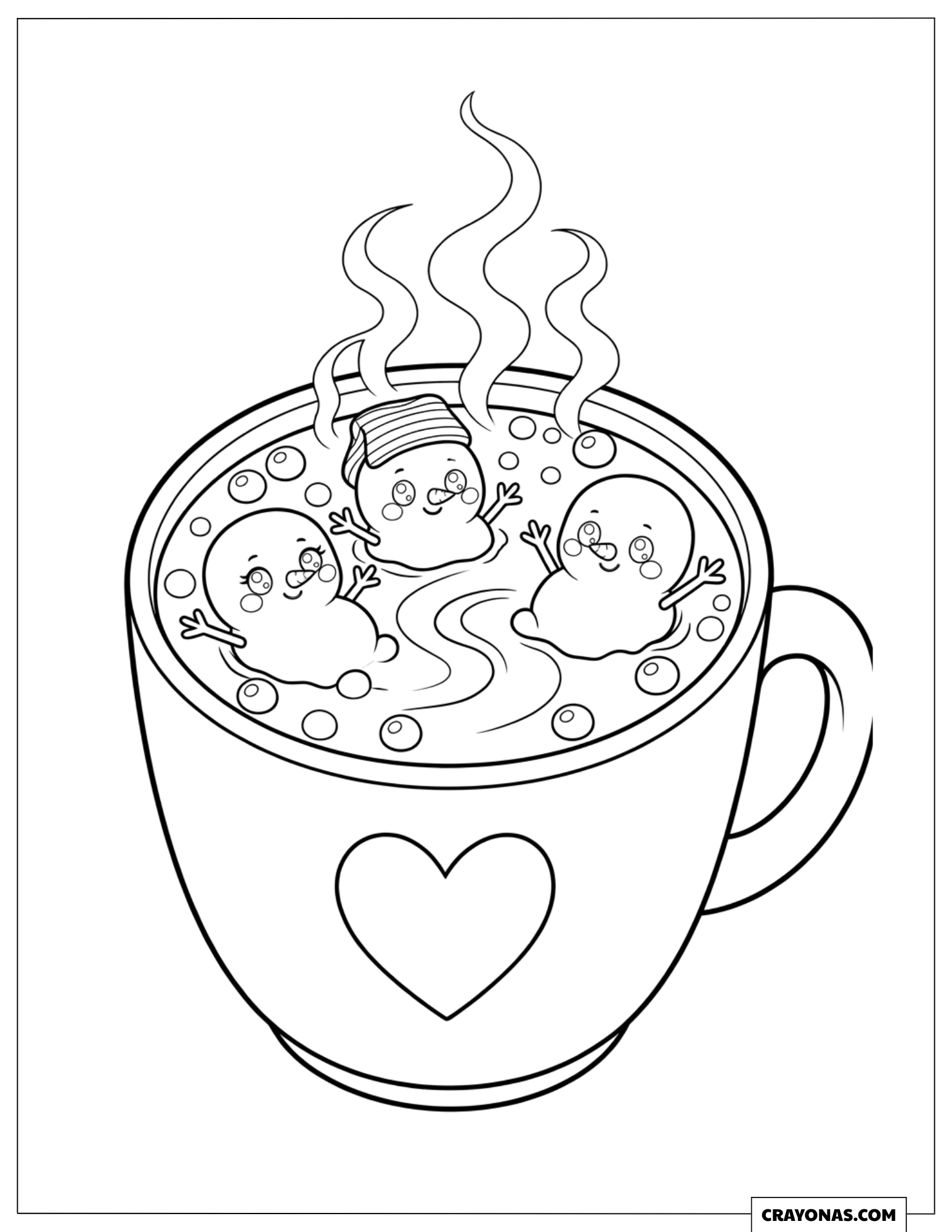 Relaxing Marshmallow Snowmen in Hot Cocoa Christmas Coloring Sheet