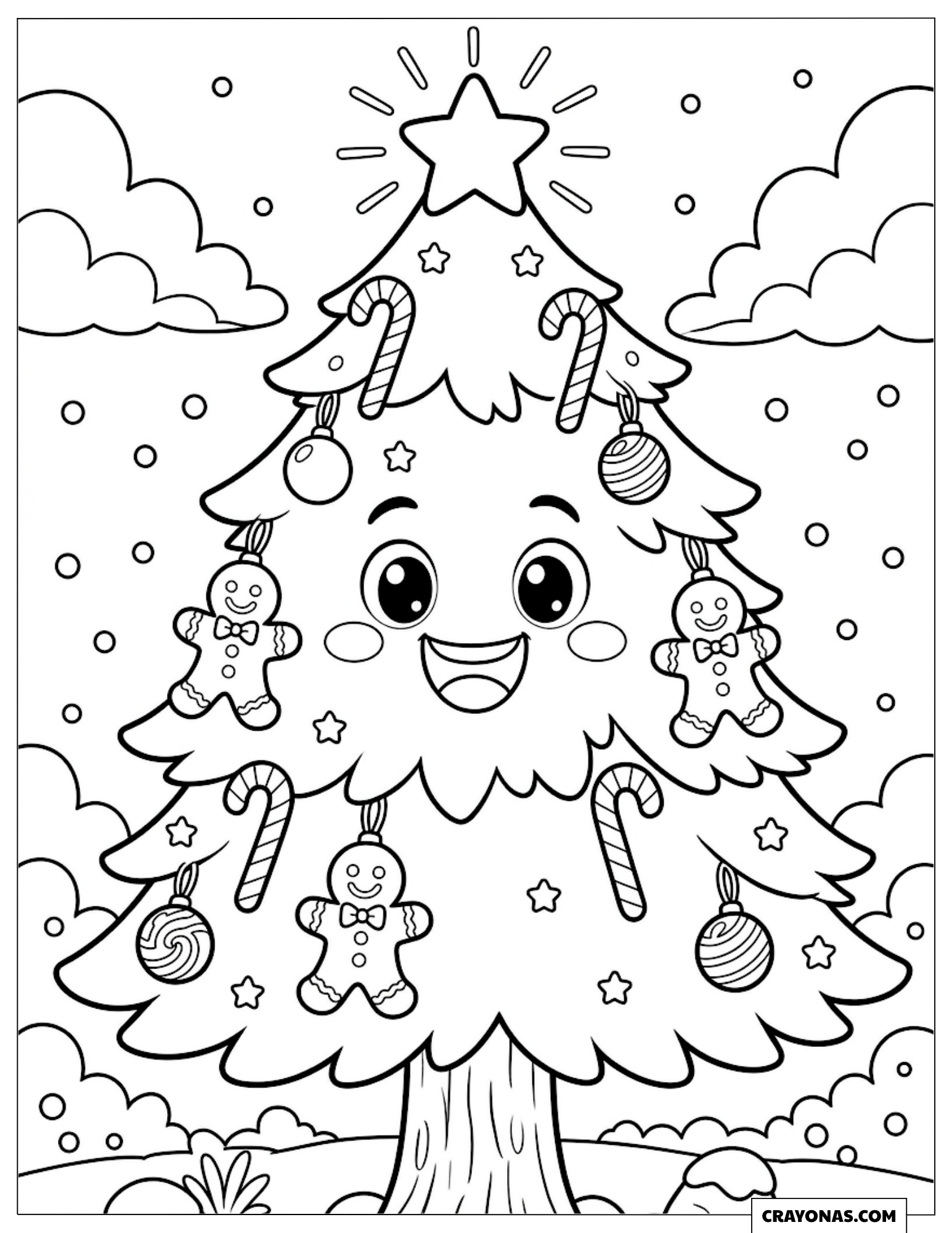 Rosy-cheeked Christmas tree decorated with big sweets to color