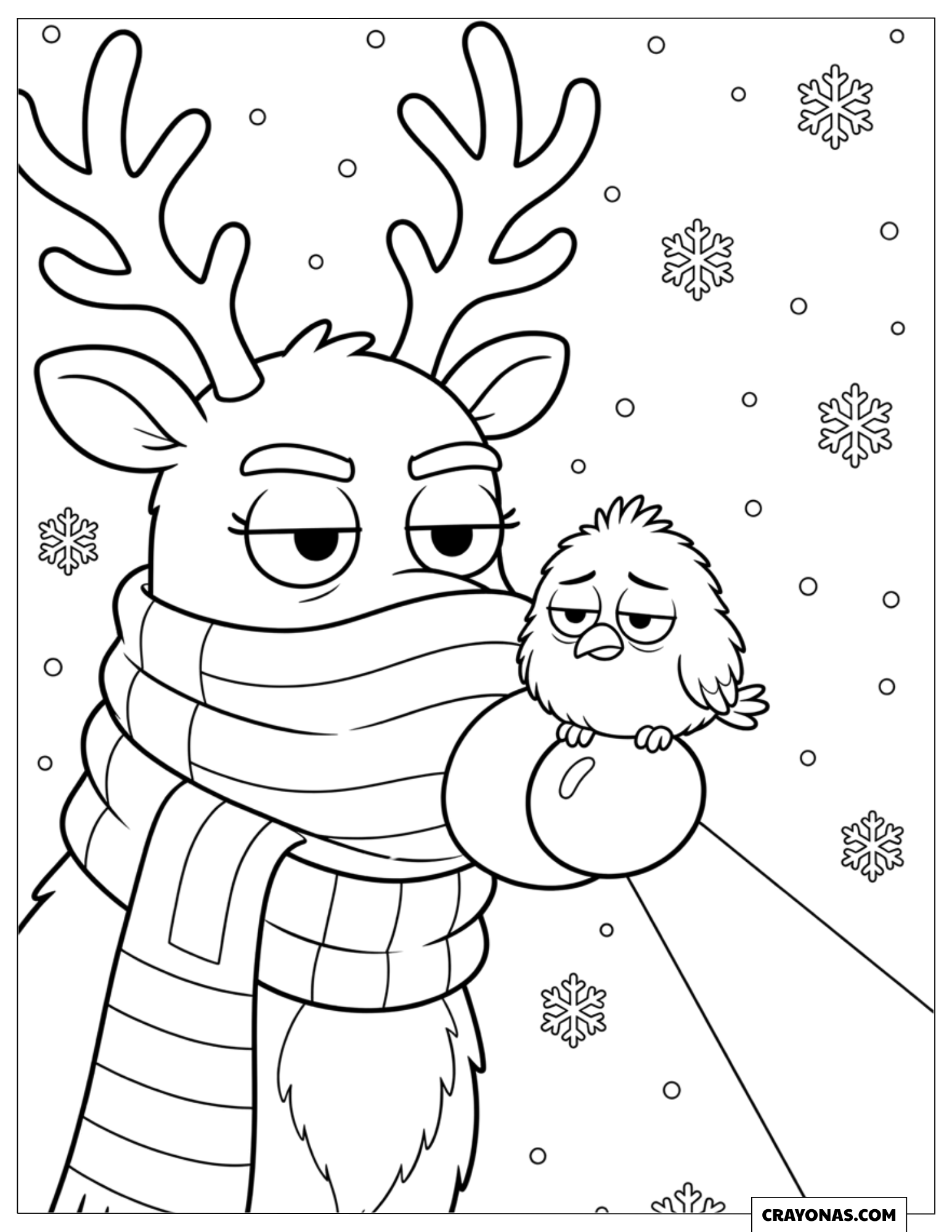 Rudolph Shining Red Nose on a Little Bird Christmas Coloring Sheet