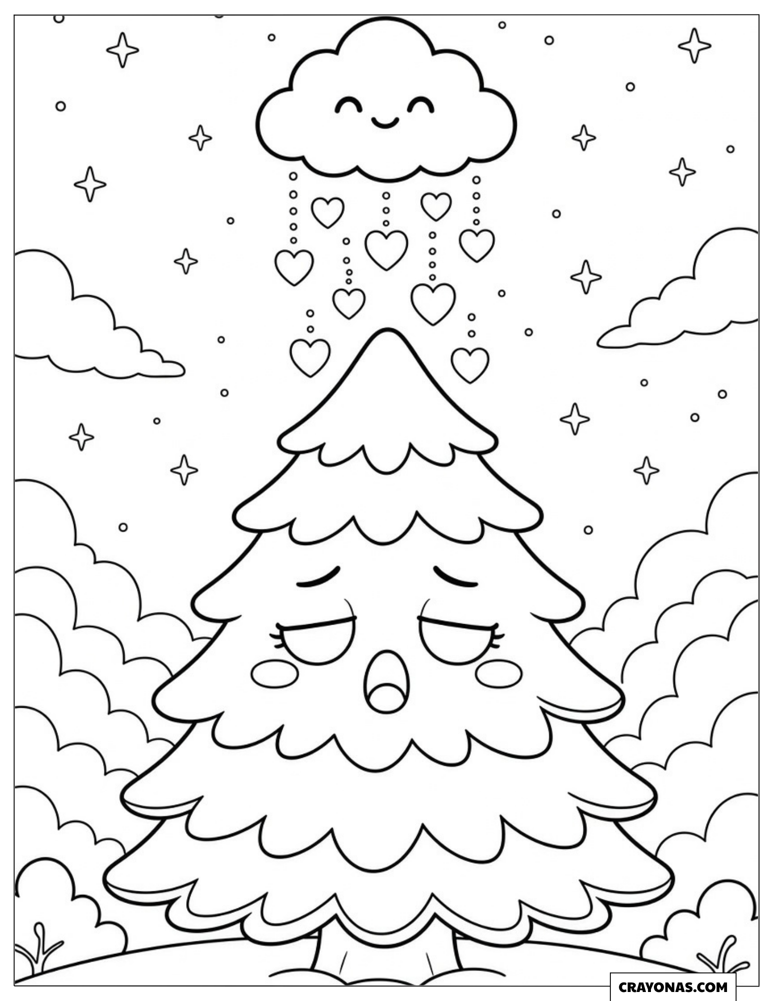 Sleepy Christmas tree under a snow cloud coloring page for preschooler