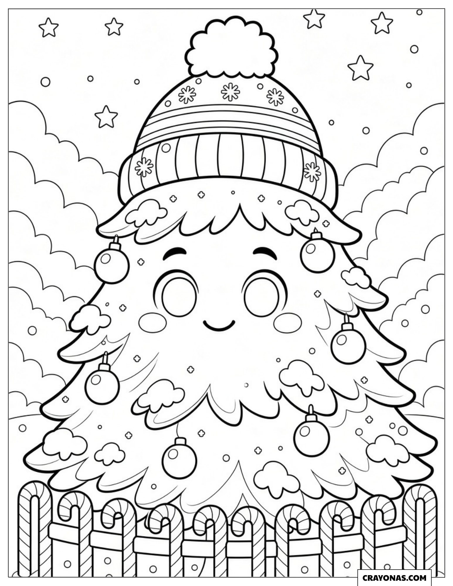 Smiling chibi Christmas tree wearing a knit hat coloring page for kids