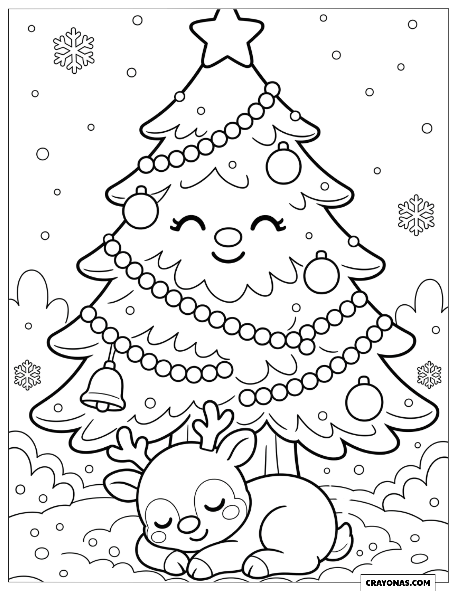 Smiling Christmas tree sheltering a baby reindeer coloring sheet for kids