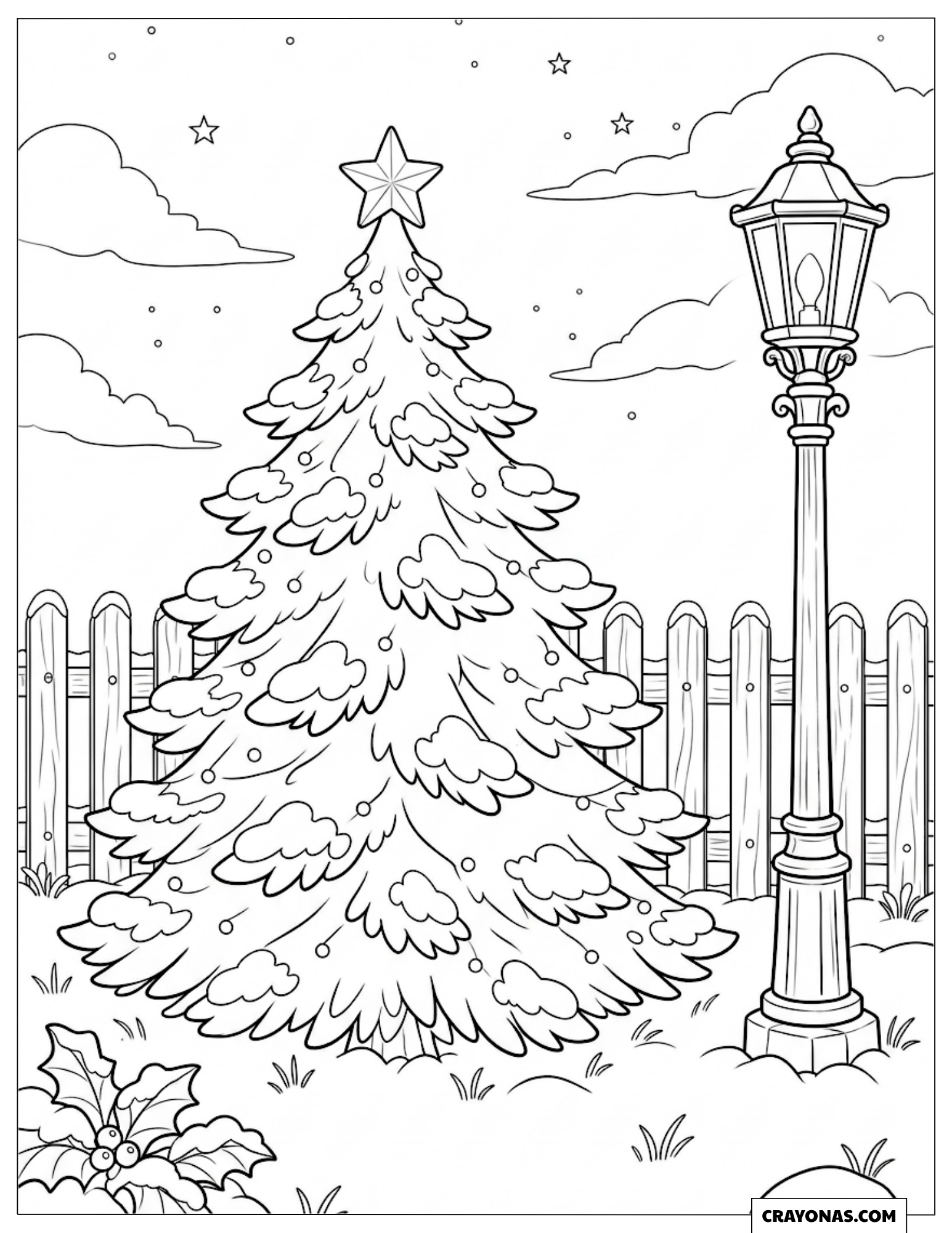Snow-covered outdoor Christmas tree coloring page for kids