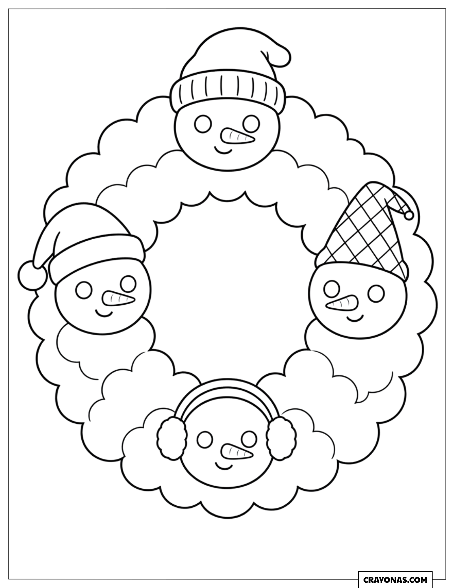 Snowman Christmas Wreath Gathering Four Snowmen Coloring Sheet for Kids