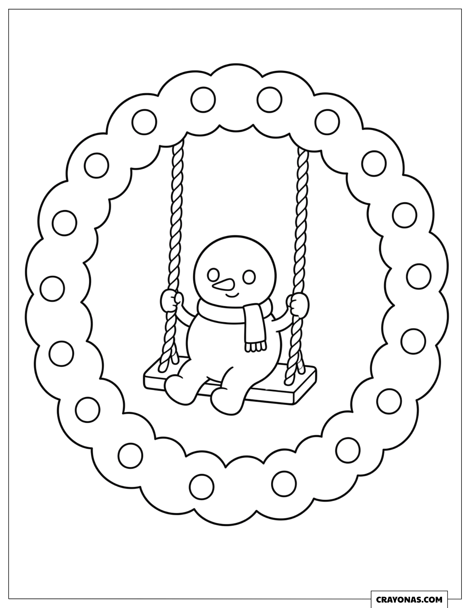 Snowman Christmas Wreath Holding a Snowman on a Swing Coloring Page for Kids