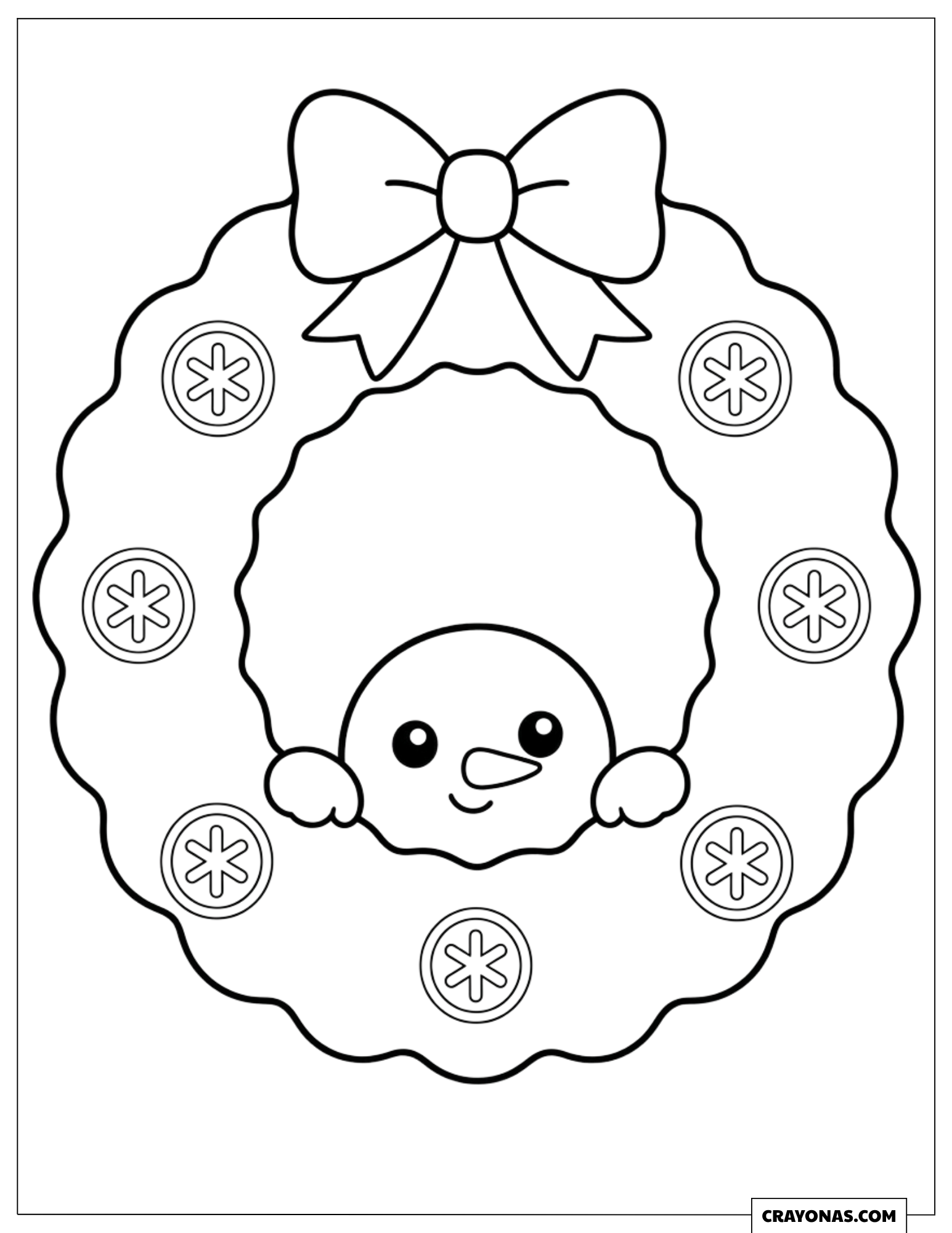 Snowman Christmas Wreath Peeking Through Snowflake Buttons Coloring Page for Preschooler