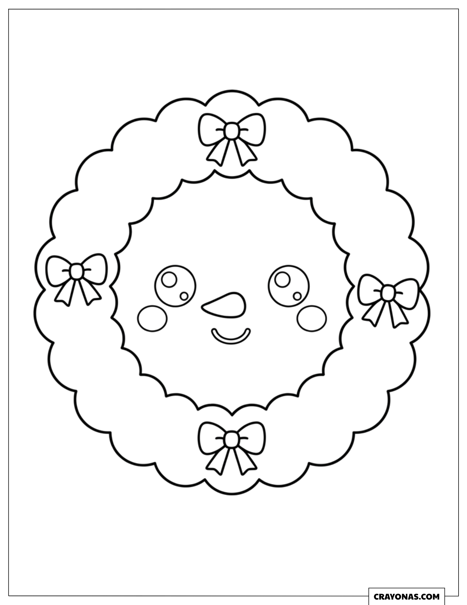 Snowman Christmas Wreath With a Smiling Face and Bows Coloring Sheet for Preschooler