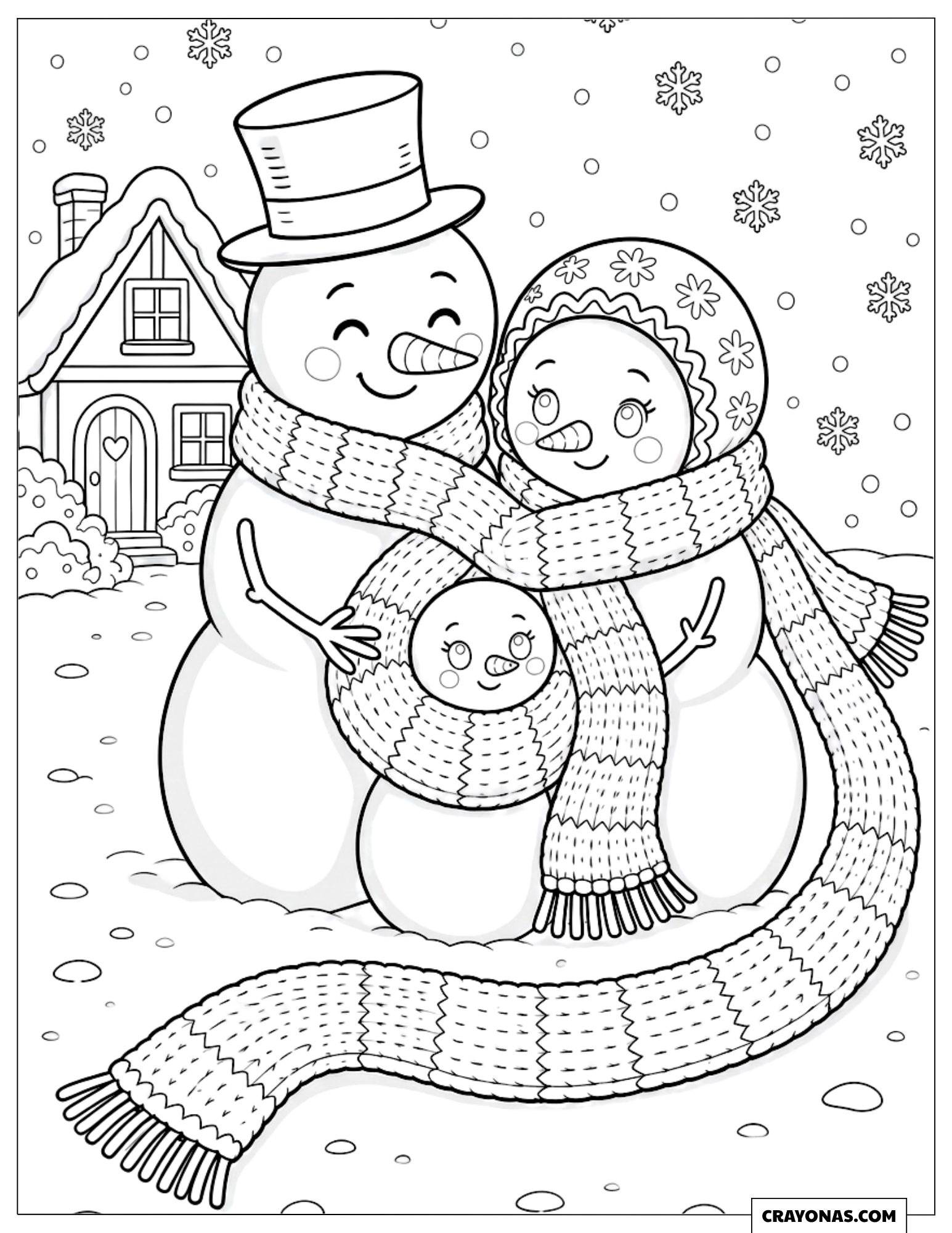 Snowman Family Sharing a Long Scarf Christmas Coloring Sheet