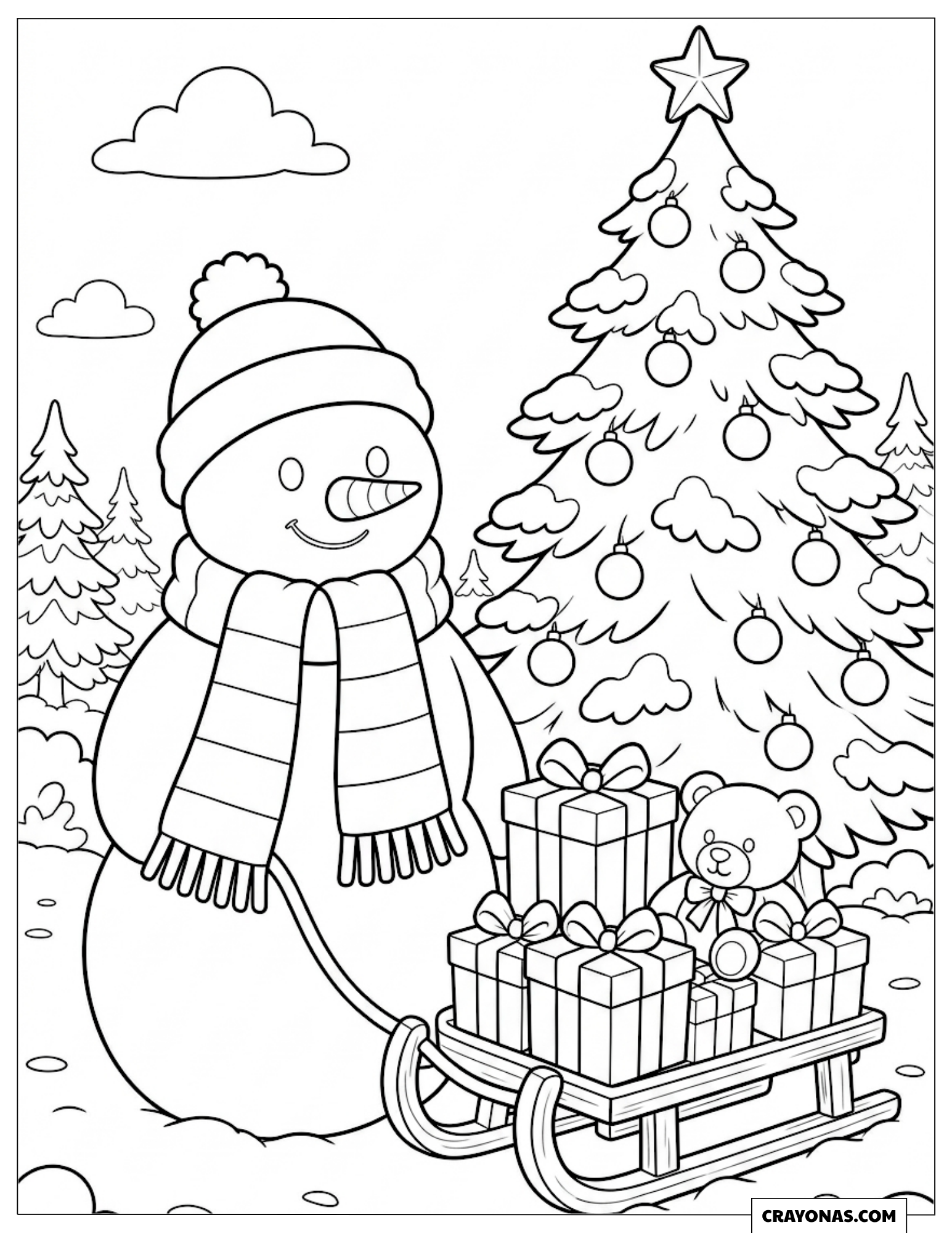 Snowman pulling a sled full of gifts coloring page for preschooler