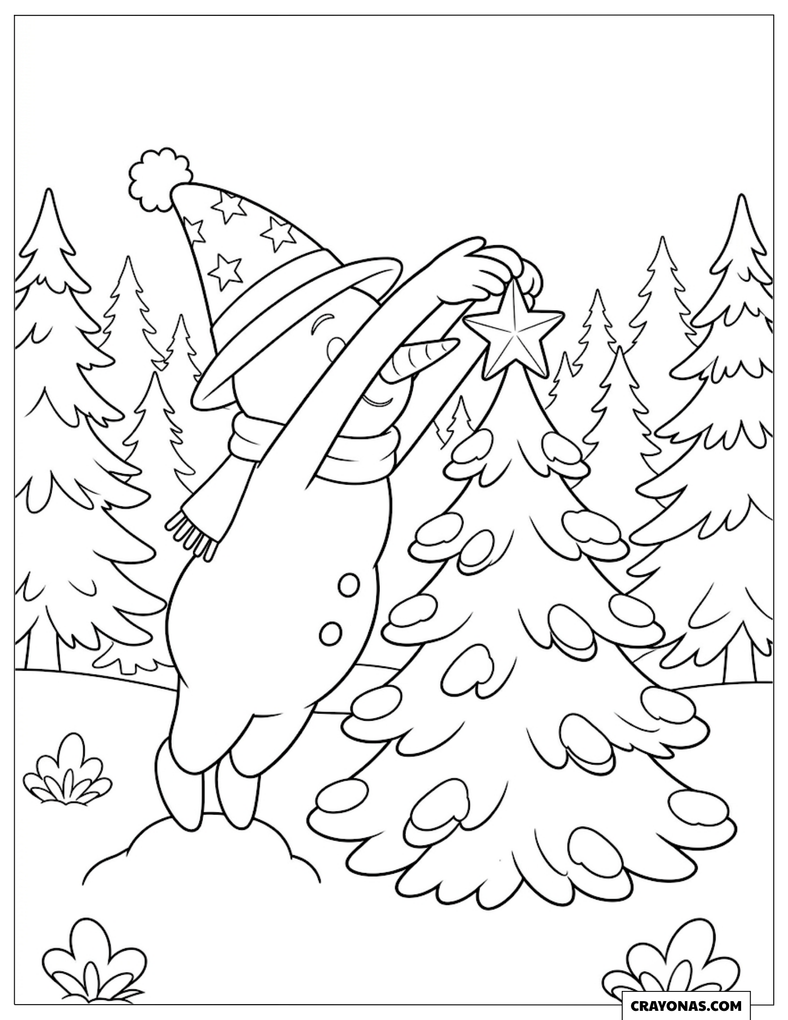 Snowman putting a star on top of the Christmas tree coloring page for kids