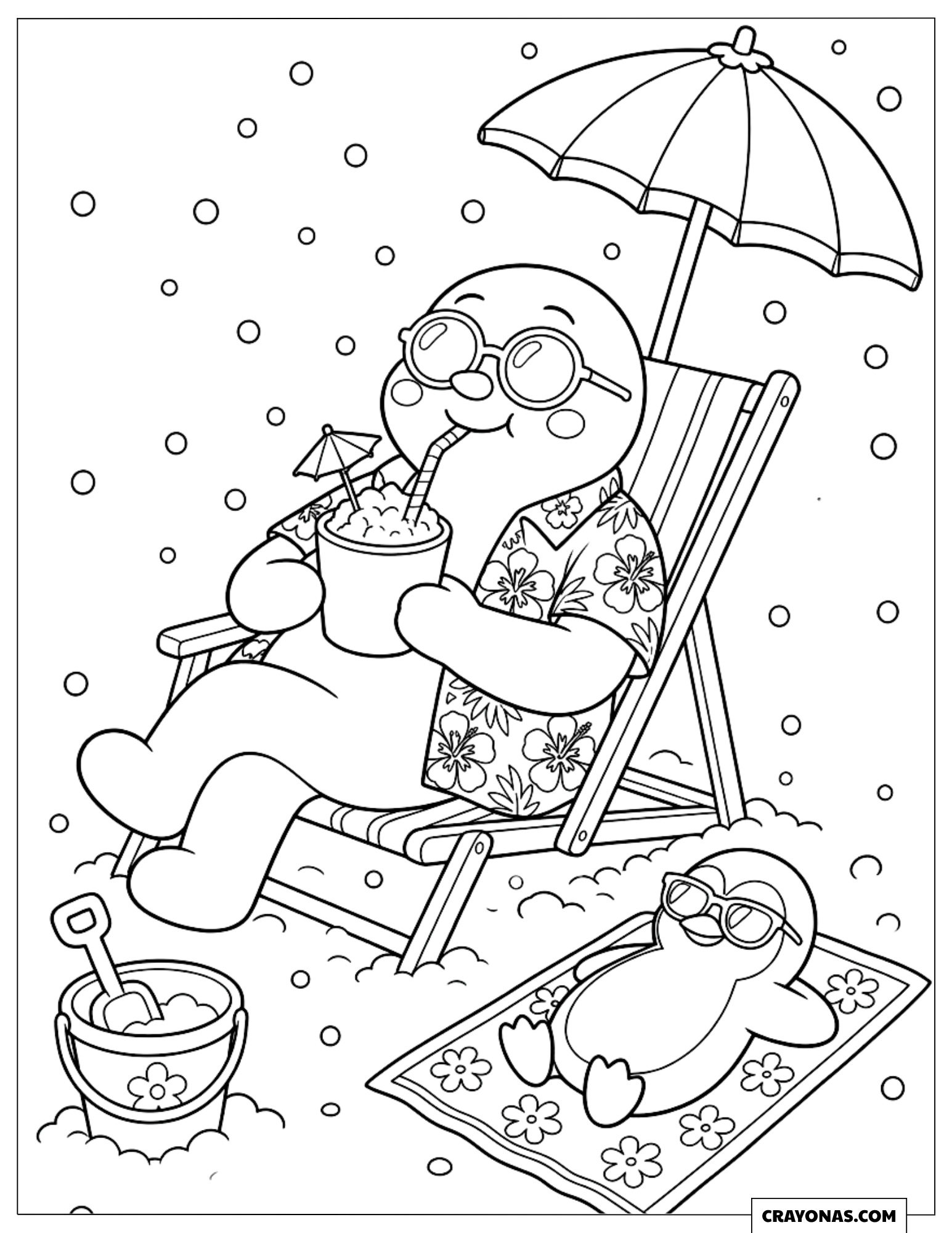Snowman Relaxing on a Beach Chair Christmas Coloring Page