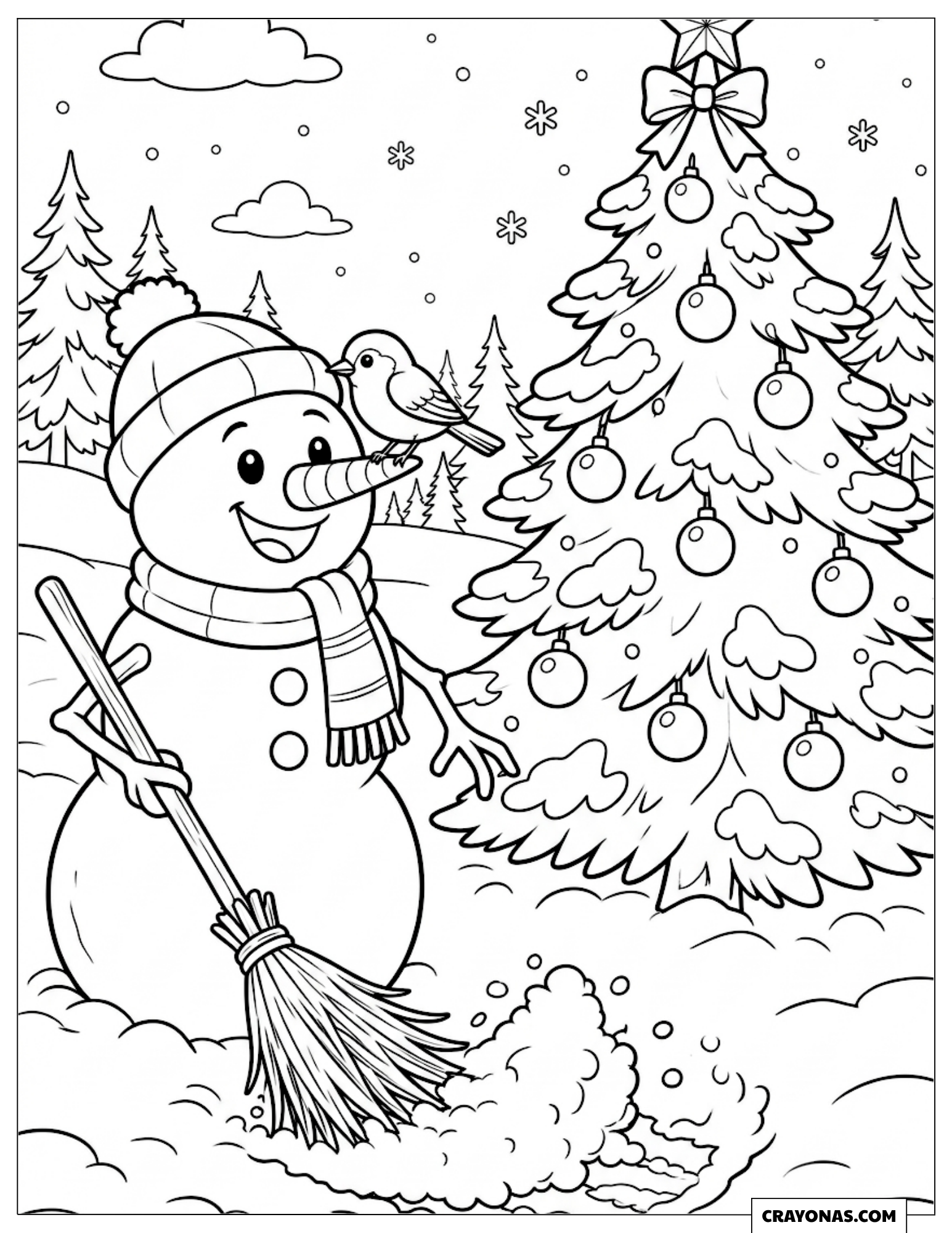 Snowman sweeping snow around the Christmas tree coloring sheet