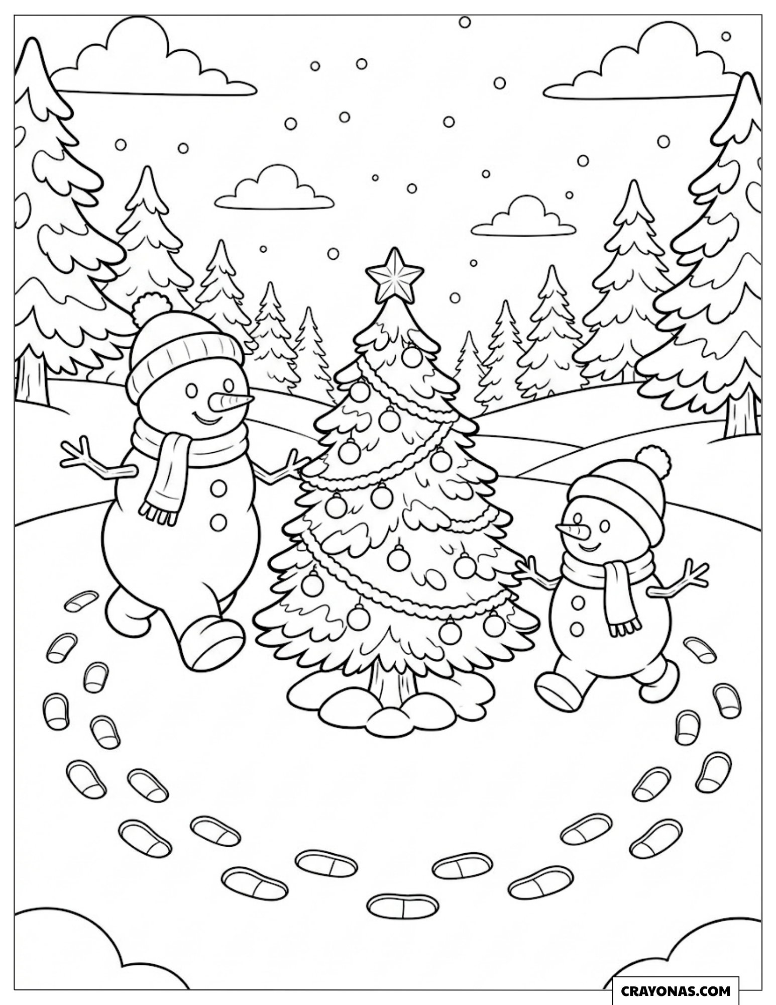 Two snowmen holding hands around the Christmas tree coloring sheet for kids