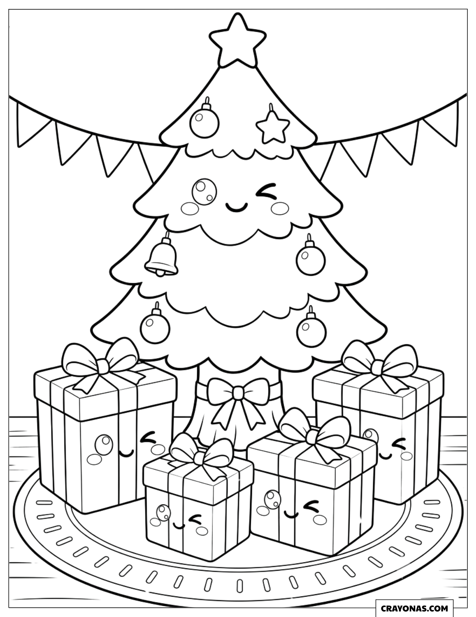 Winking chibi Christmas tree with gift boxes coloring sheet