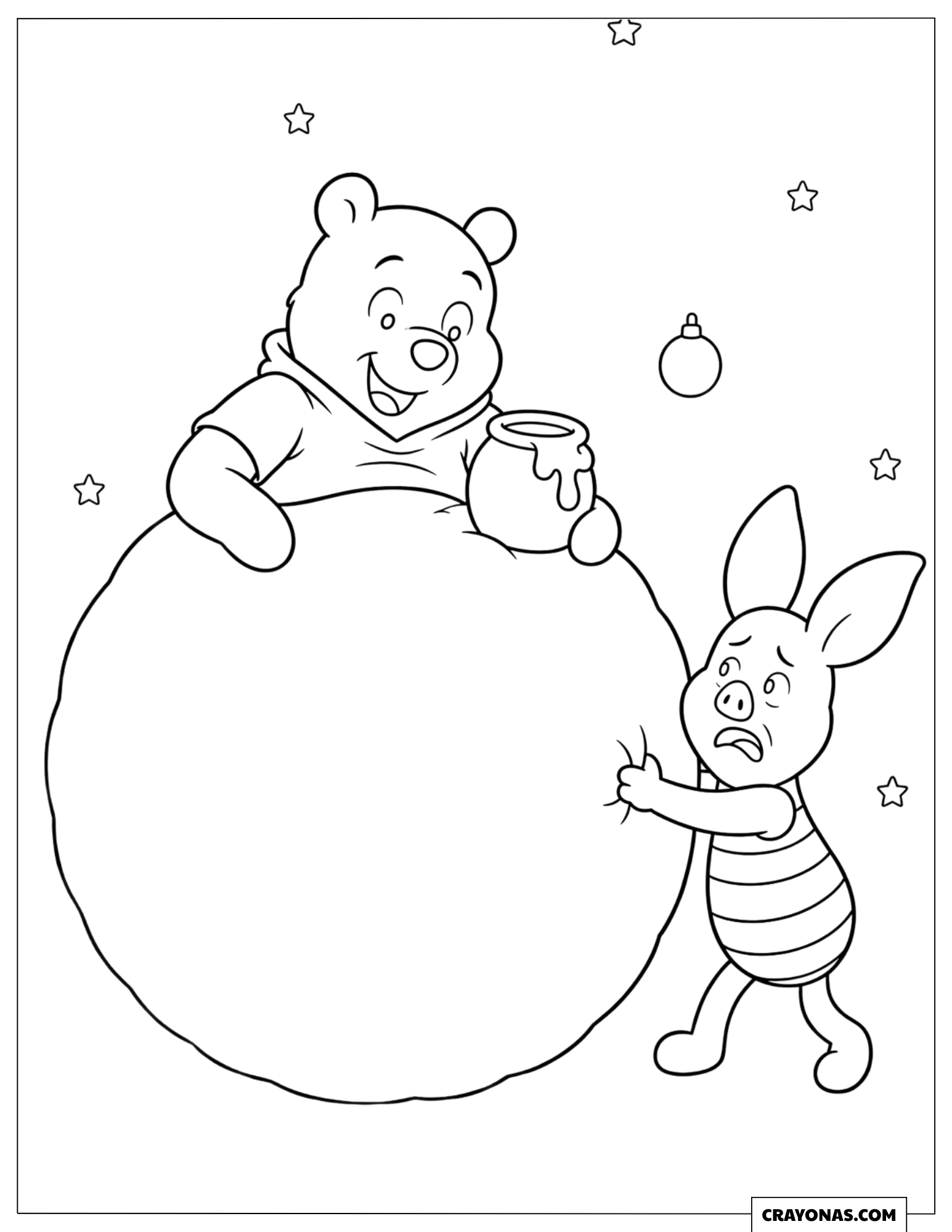 Winnie the Pooh Stuck in a Christmas Snowball with Piglet Rescuing Him Coloring Page