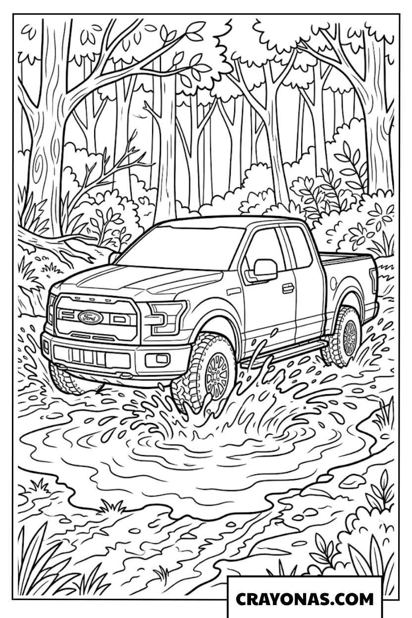 4x4 Pickup Truck Driving Through Muddy Forest River Coloring Page