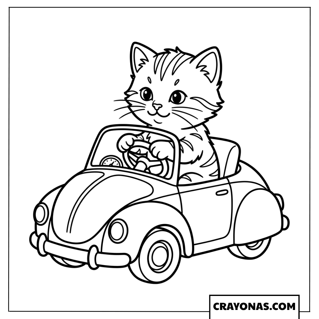 Adorable Cartoon Kitten Driving Small Toy Car Coloring Page