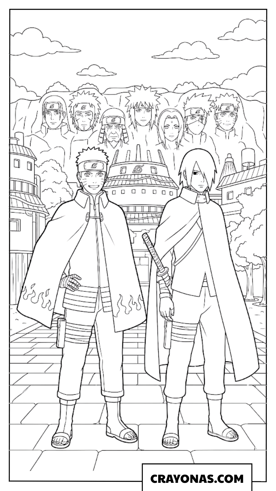 Adult Naruto and Sasuke Hokage Monument Coloring Page