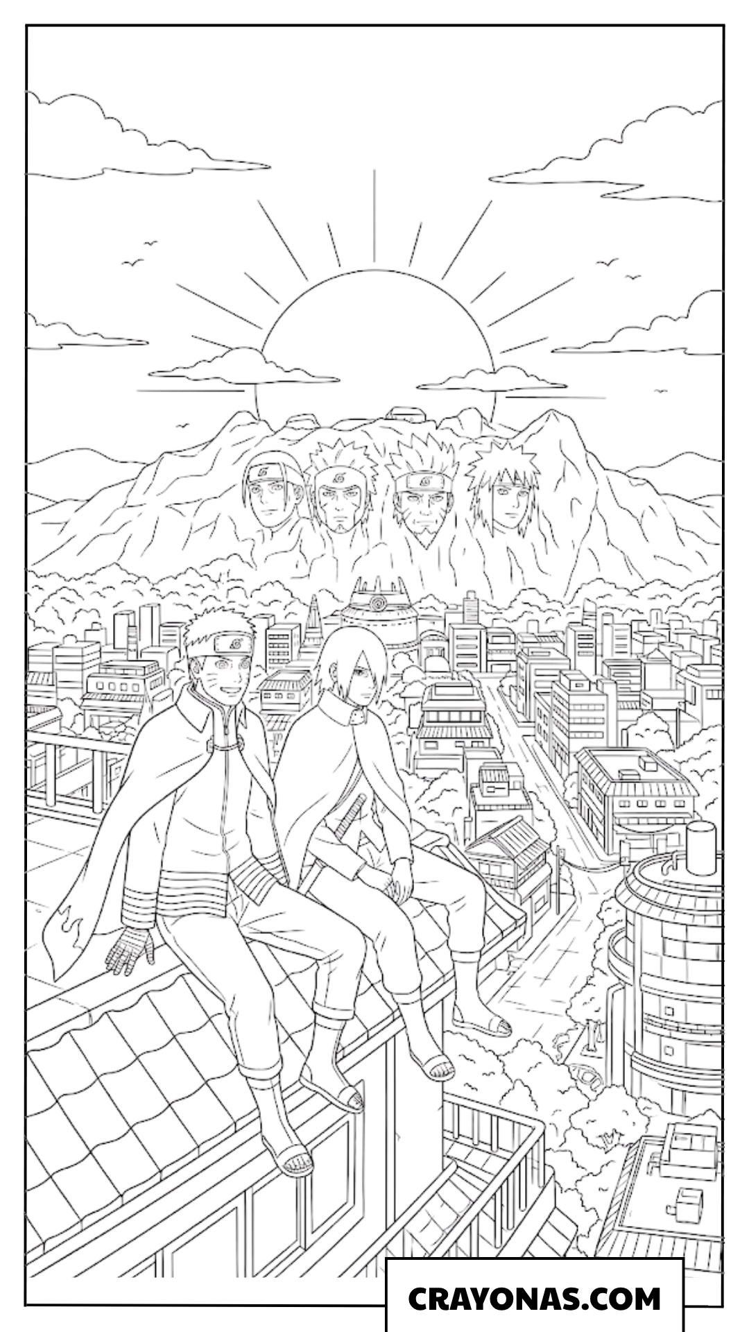 Adult Naruto and Sasuke Rooftop Sunrise Coloring Page