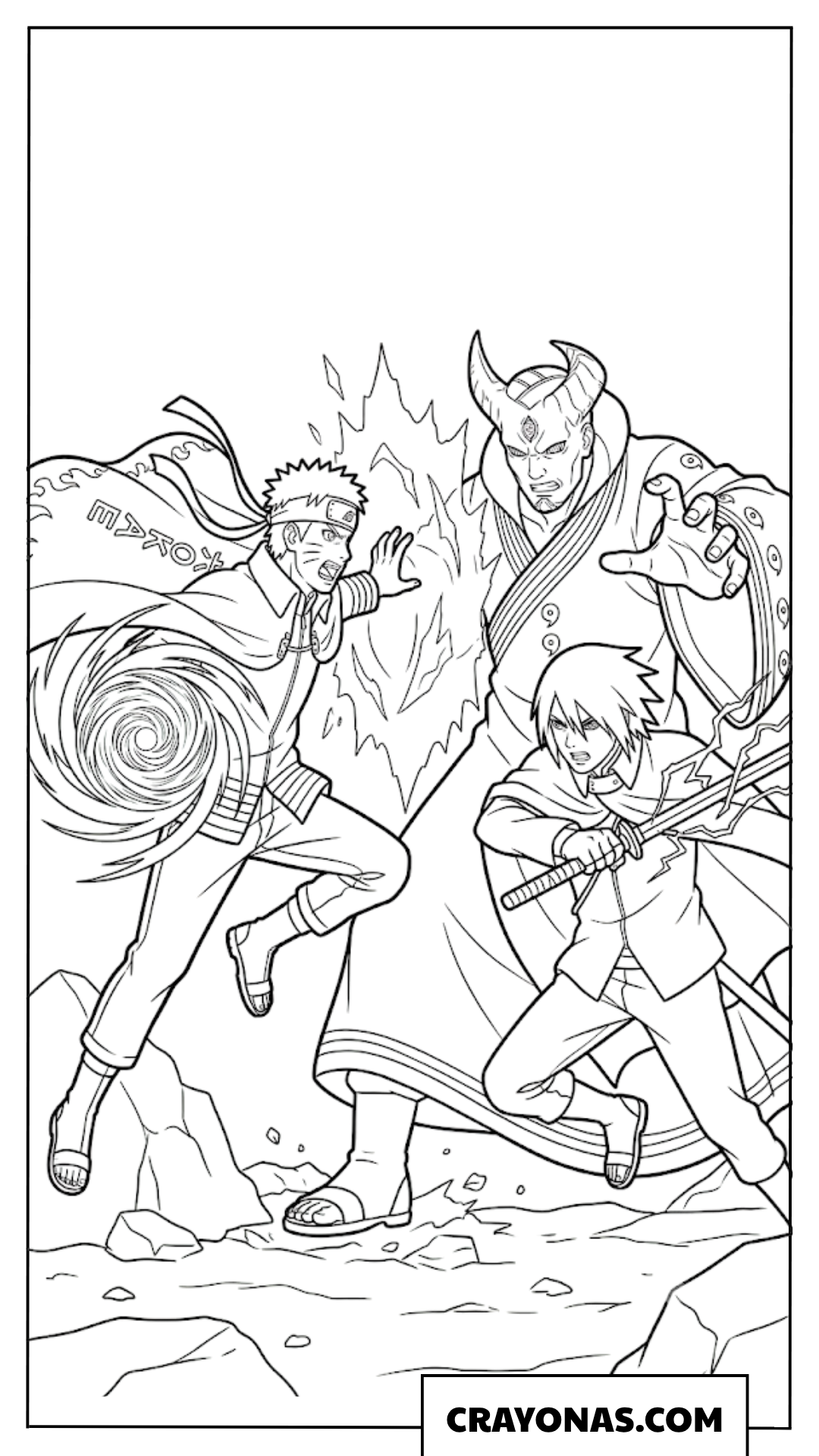 Adult Naruto and Sasuke vs Momoshiki Battle Coloring Page