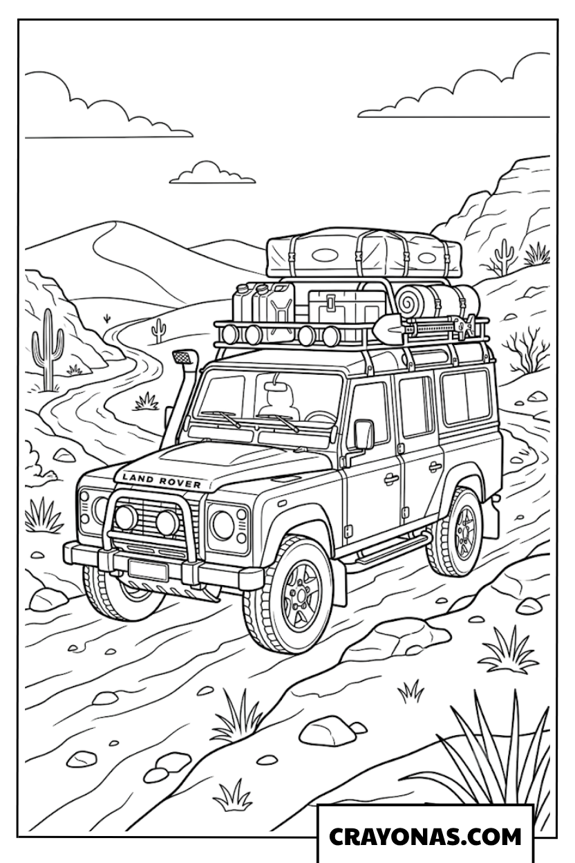 Adventure Land Rover Driving on Desert Expedition Trail Coloring Page