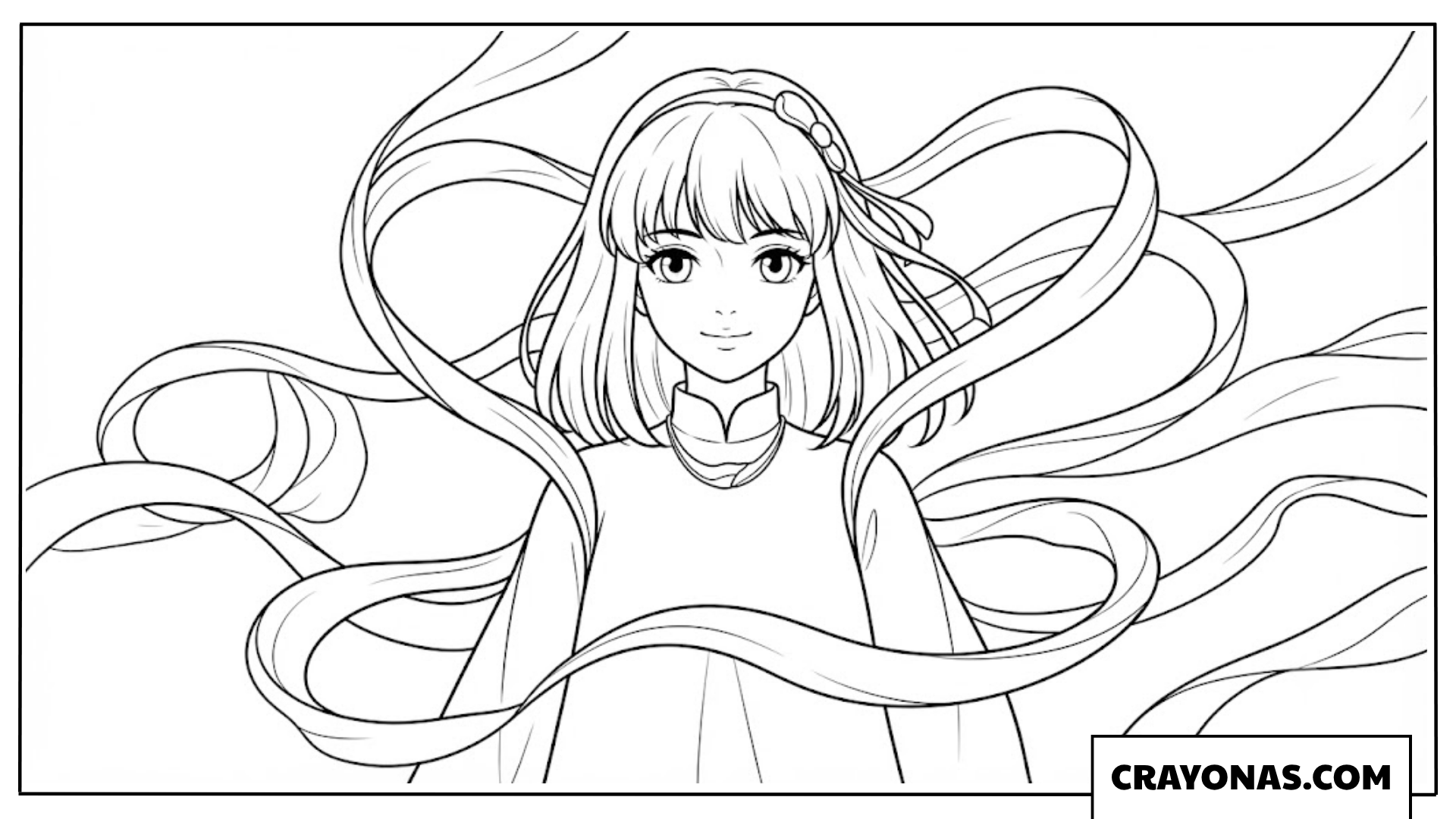 Aesthetic Anime Girl with Flowing Hair Coloring Page