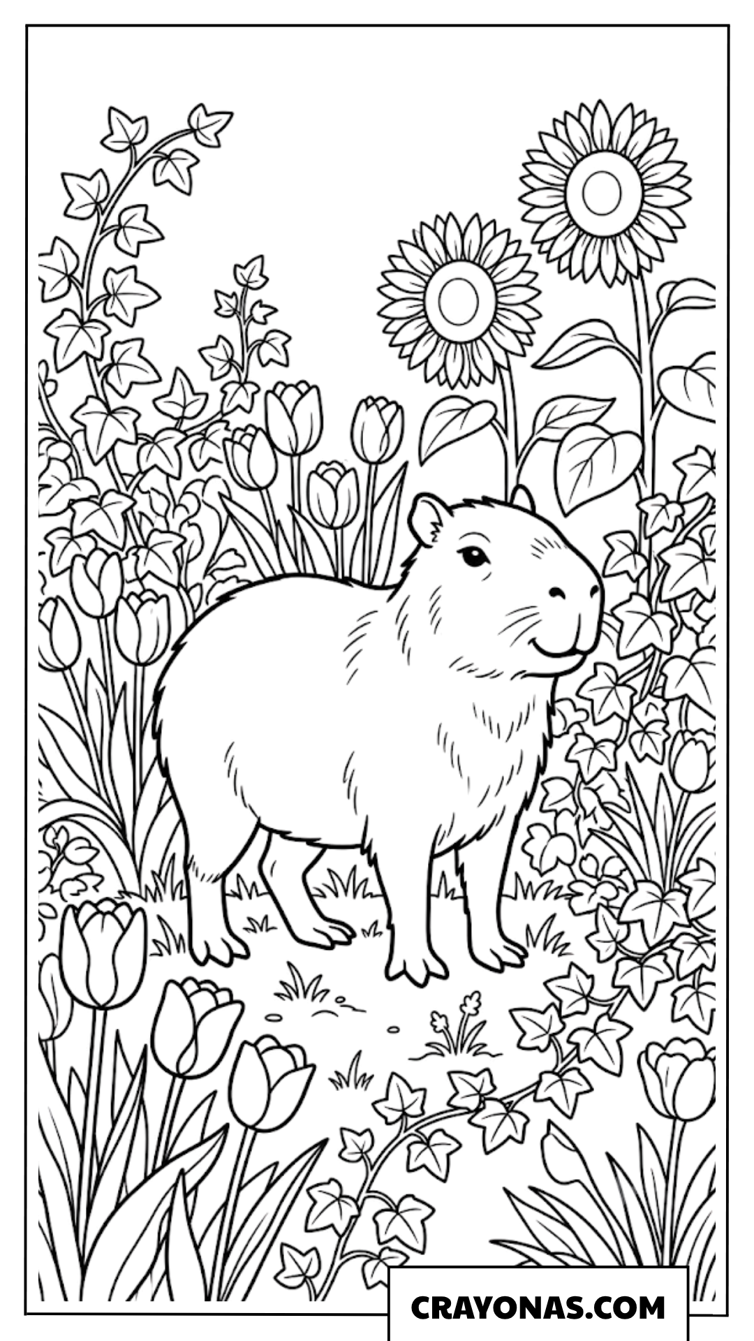 Aesthetic Capybara in Sunflowers and Tulips Garden Coloring Page