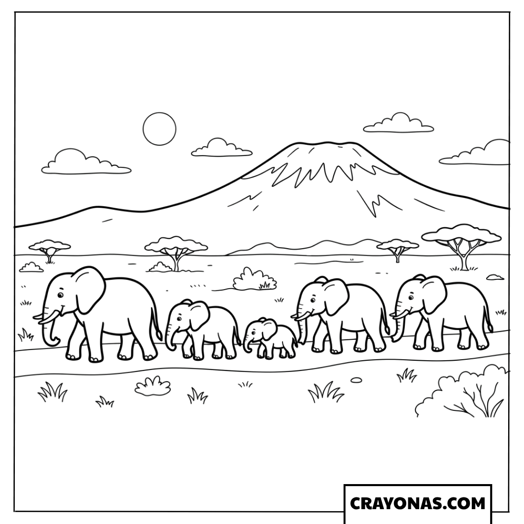 African Elephant Herd in Savannah Coloring Page