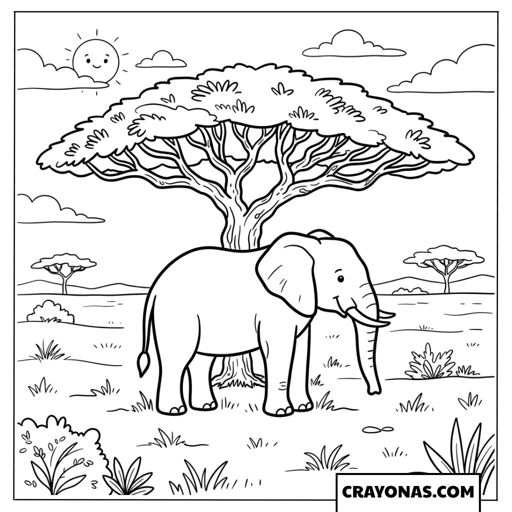 African Elephant Under Acacia Tree Coloring Page