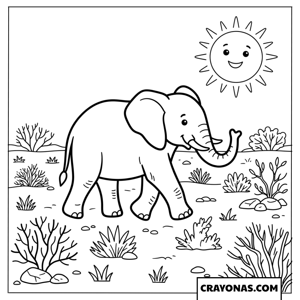 African Elephant Walking in Sunny Savannah Coloring Page