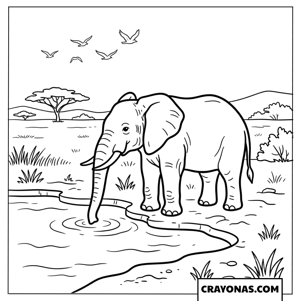 African Elephant at Watering Hole Coloring Page