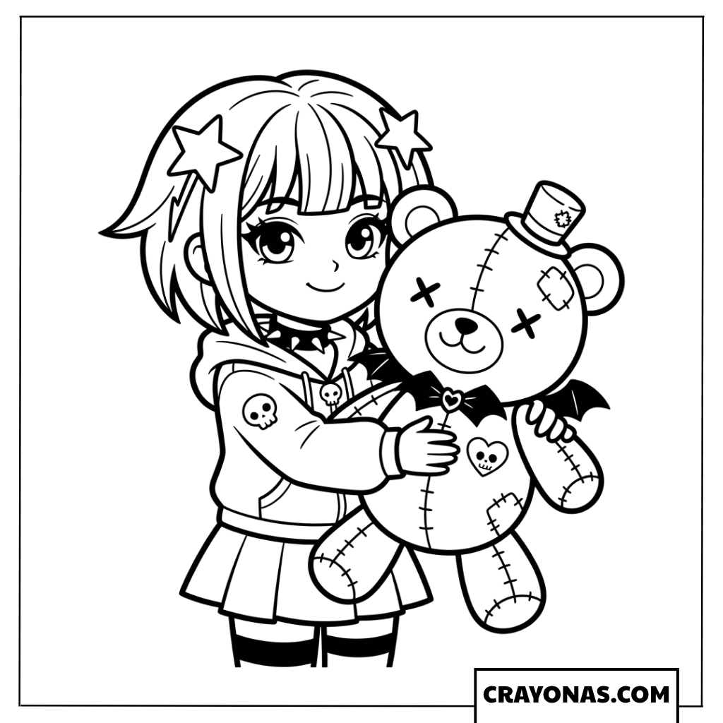 Alt Anime Girl Hugging Teddy Bear Coloring Page