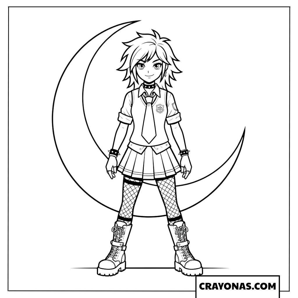 Alt Anime Girl Standing on Moon Coloring Page